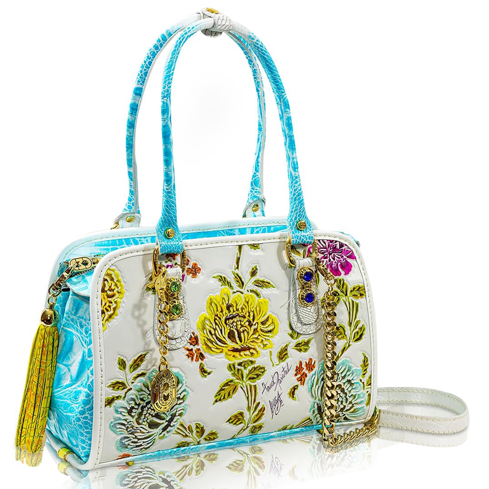 Designer Handbag Purse for Women Alabaster Peonies Floral Handpainted Tote Italian Leather Top Handle Bag