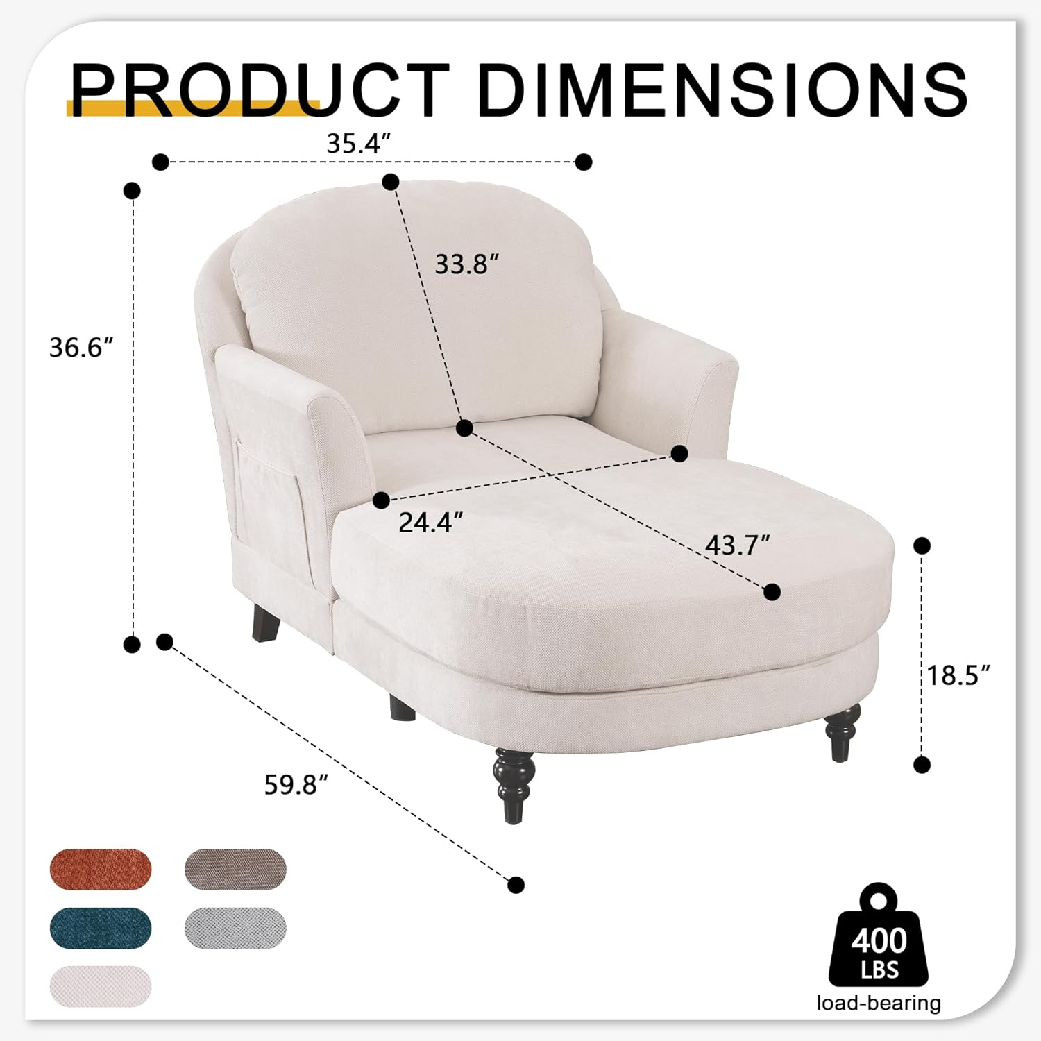 Chaise Lounge Chair Indoor, 59.8" Oversized Couch Reading Chairs，Chenille Comfortable Deep Sleeping Single Sofa, Upholstered Modern Couch Sofa Bed for Living Room, Bedroom & Apartment (Beige)