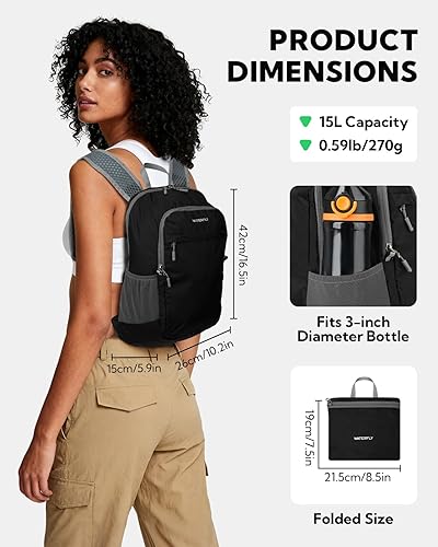 Miniatura 3 de WATERFLY Mochila pequeña y ligera y plegable 15L Mini mochila de senderismo plegable - Mochila de día compacta ultraligera para mujeres y hombres,