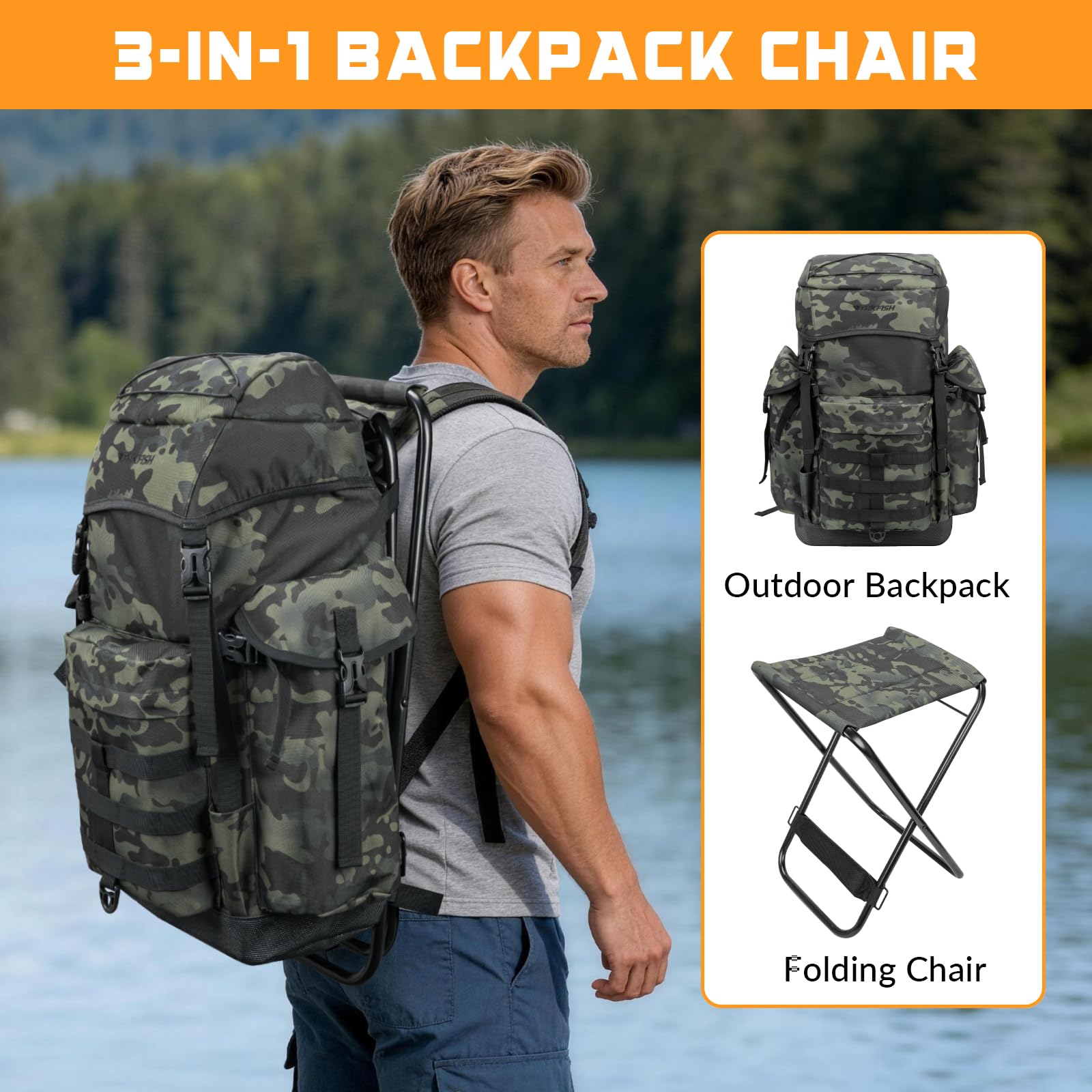 THKFISH Mochila de pesca con silla, camuflaje, Pesca