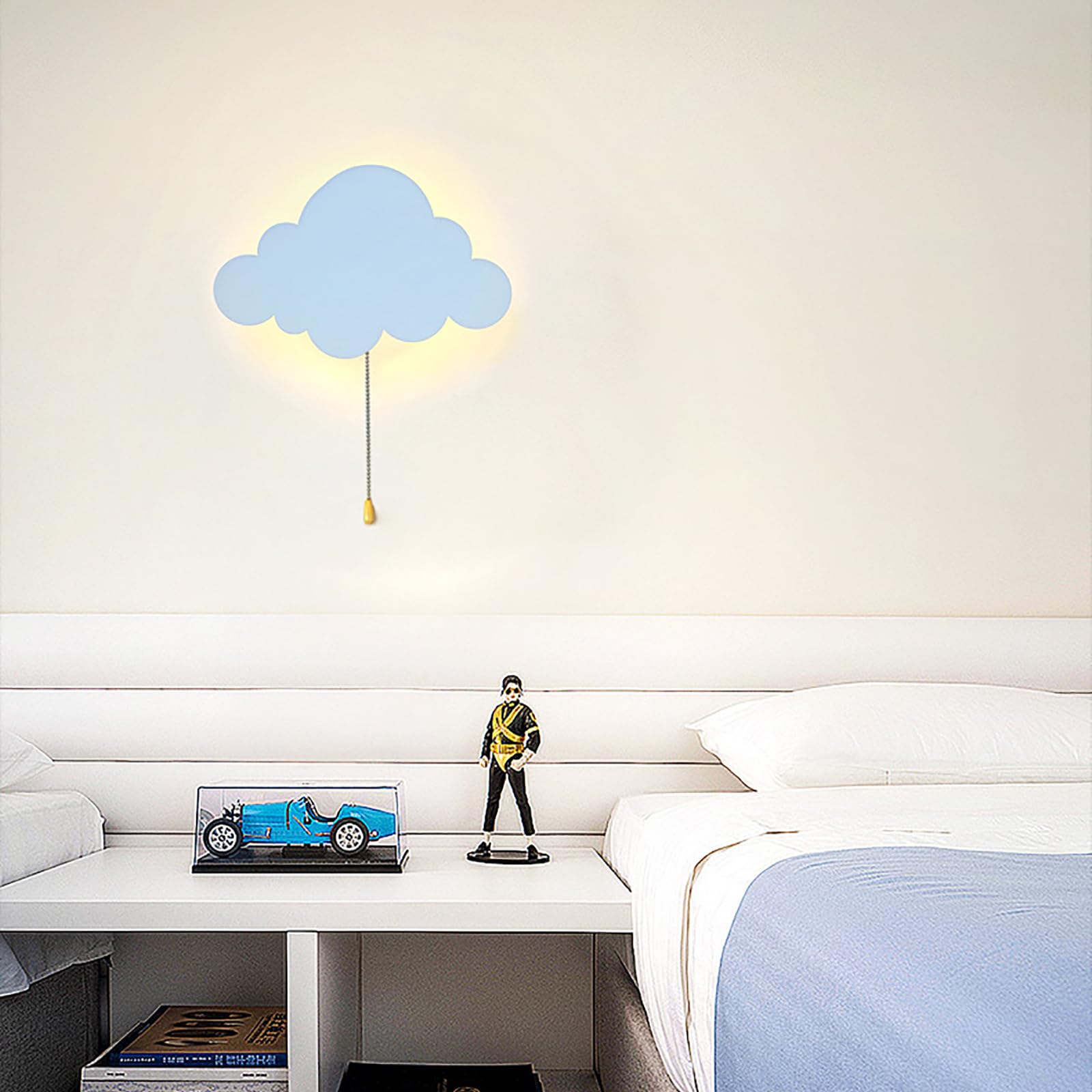Chrasy Applique Murale LED Enfant 5W Nuage/Étoile Applique LED Veilleuse à Tirette Lumière Chaude Douce, Double Alimentation USB/Piles, en Fer Blanc pour Chambre Bébé, Lecture, Décorative (Nuage)