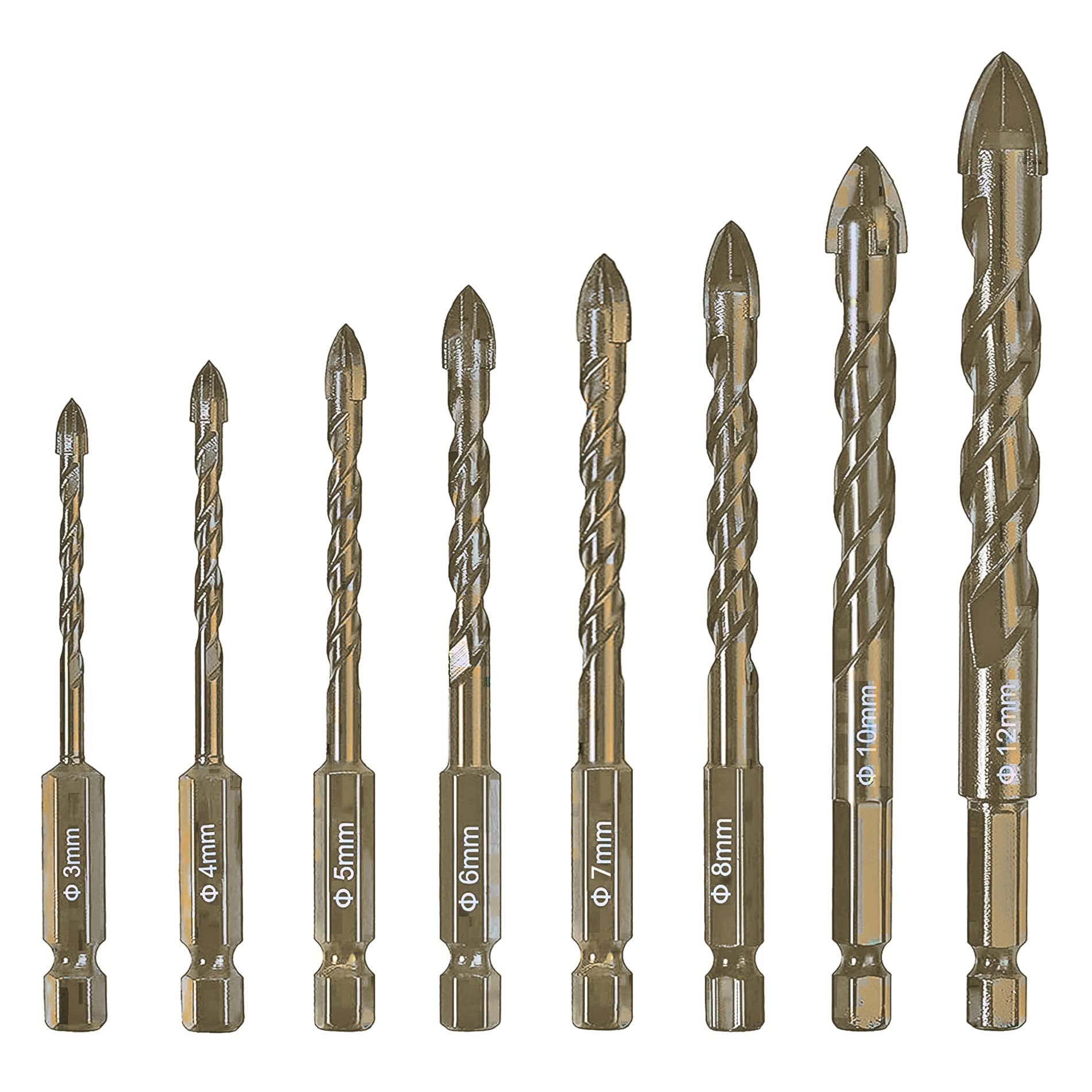 KEWAYO 8 Pieces Masonry Drill Bit, 3-12mm Concrete Tile Drill Bits Set, Cross Carbide Tipped Drill Bits for Drilling Wall, Wood, Brick, Ceramic and Plastic