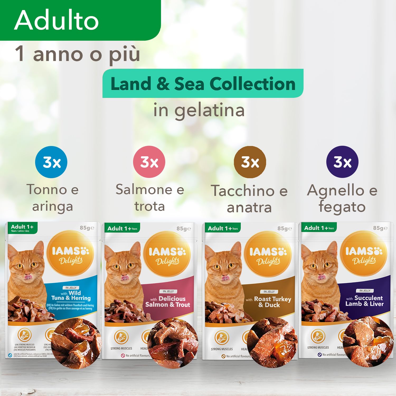 IAMS Delights Land & Sea - Alimento Umido Per Gatti Anziani, 12 Lattine Da 85g In Salsa - Foto 2