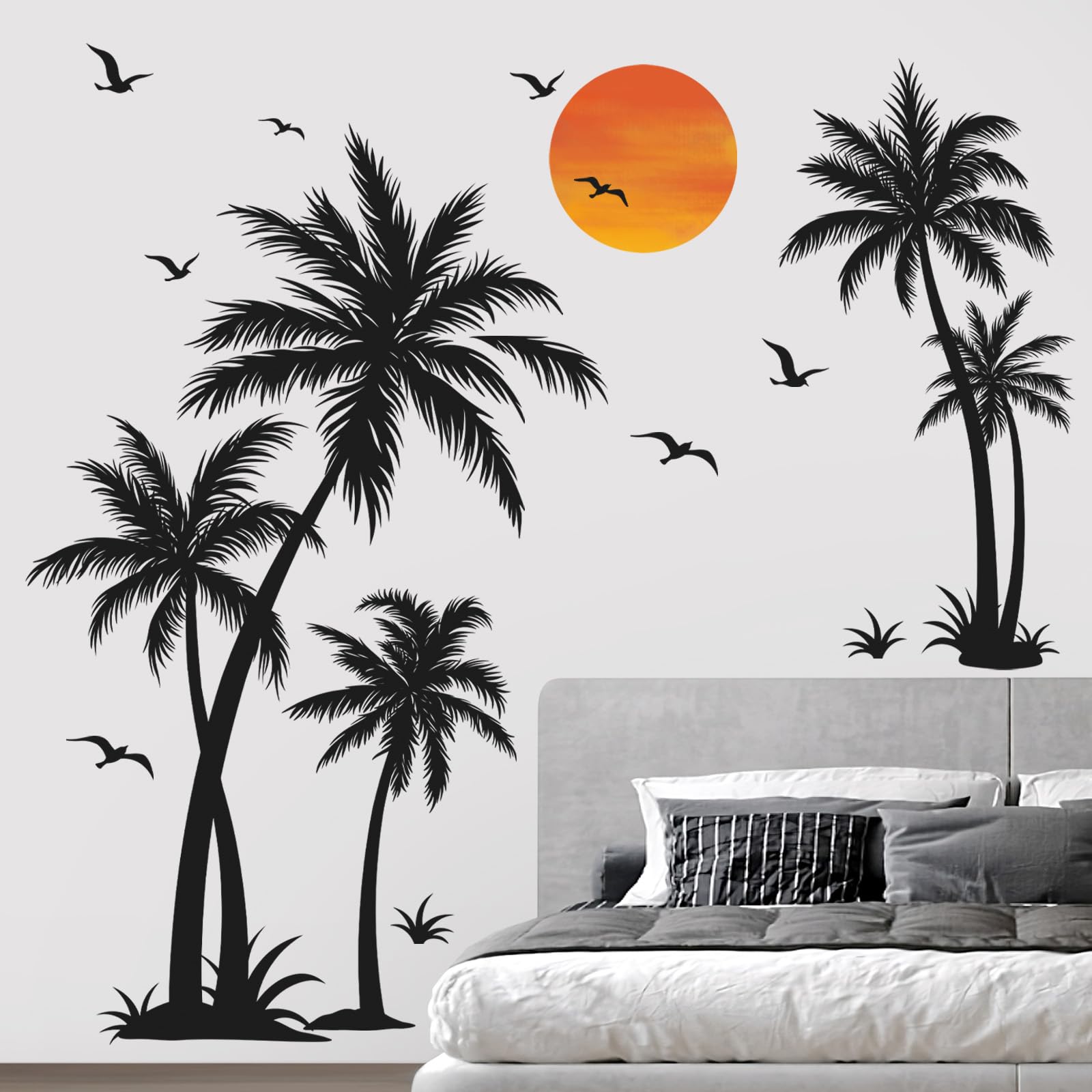 wondever Pegatinas de Pared Palmeras Negro Árbol Grandes Adhesivos Pared Decorativos Árbol Plantas Tropical Aves Vinilos Pared para Salón Dormitorio Habitación Infantiles (H: 135cm)
