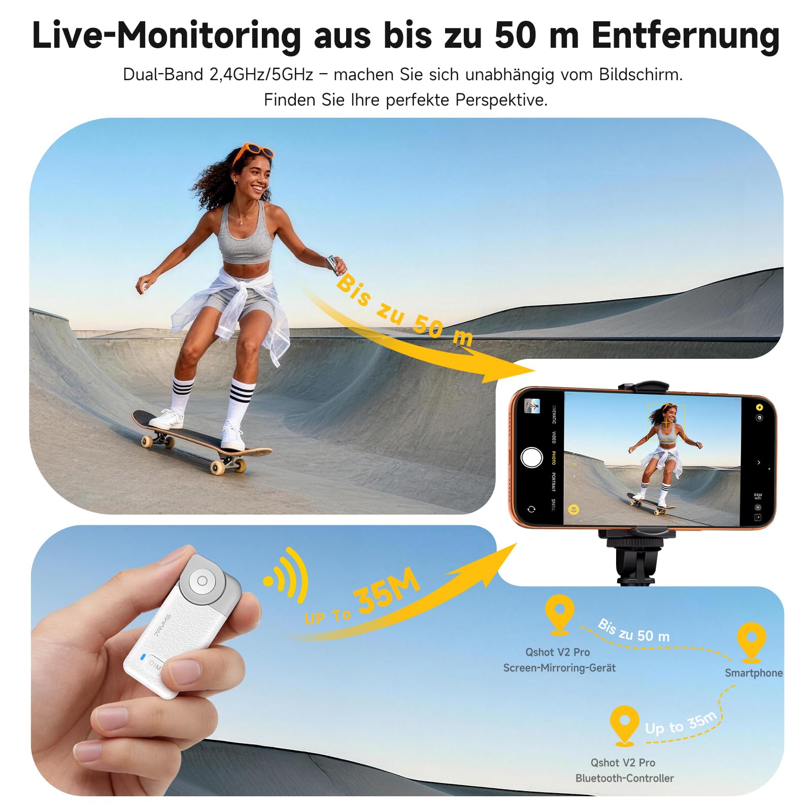 7RYMS Qshot V2 PRO Kabelloser Selfie Monitor für iPhone 17/16 & Android, Magnetischer Smartphone Rückkamera Monitors mit 4K/60fps, 50 m Reichweite, Lautsprecher, Vlog Monitor für YouTube TikTok (Weiß)