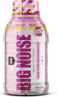 REDCON1 Big Noise RTD Pre Workout Drink, Pink Lemonade - Caffeine-Free Ready-to-Drink Preworkout to Improve Strength + Pumps - Niacin + Citrulline Malate Nitric Oxide Support (12 Bottled Drinks)