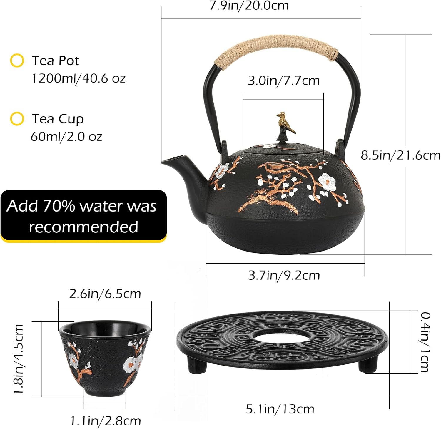 Dyna-Living Cast Iron Teapot 1200ml/40.6oz Japanese Tea Set with 4 Tea Cups Japanese Cast Iron Teapot with Infuser Japanese Tea Kettle Stovetop Gift for Tea Lover