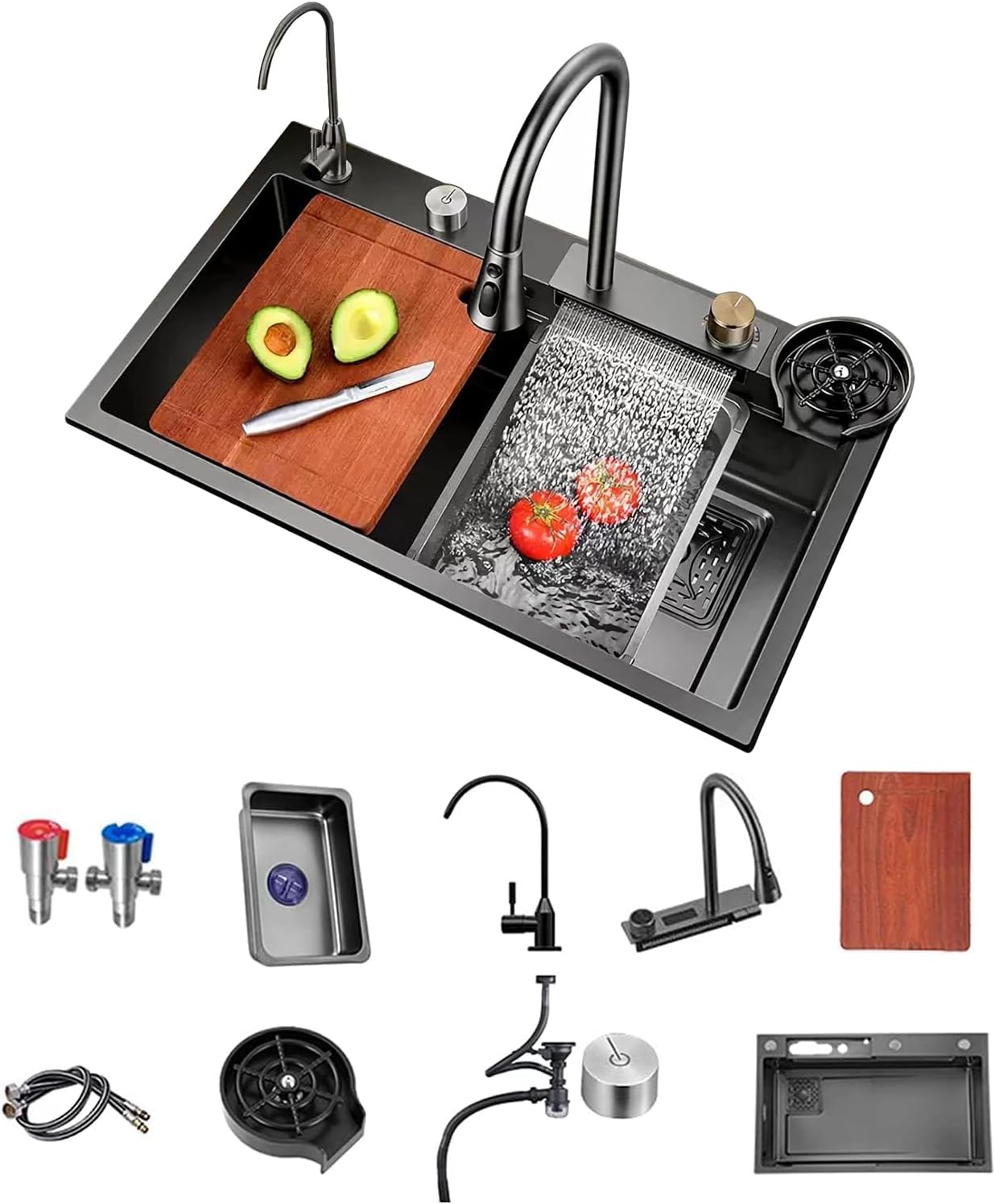 Kitchen Sink Flying rain Waterfall Stainless Steel Undermount Kitchen Sink Drop In Kitchen Sink Single Bowl handwheel thermostat switch (80 * 46 * 22cm)-F