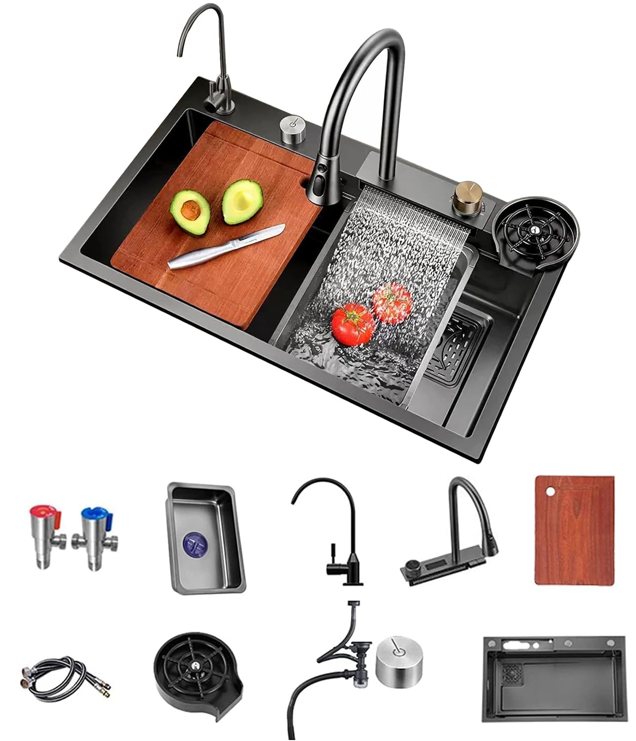 Kitchen Sink Flying rain Waterfall Stainless Steel Undermount Kitchen Sink Drop In Kitchen Sink Single Bowl handwheel thermostat switch (80 * 46 * 22cm)-F