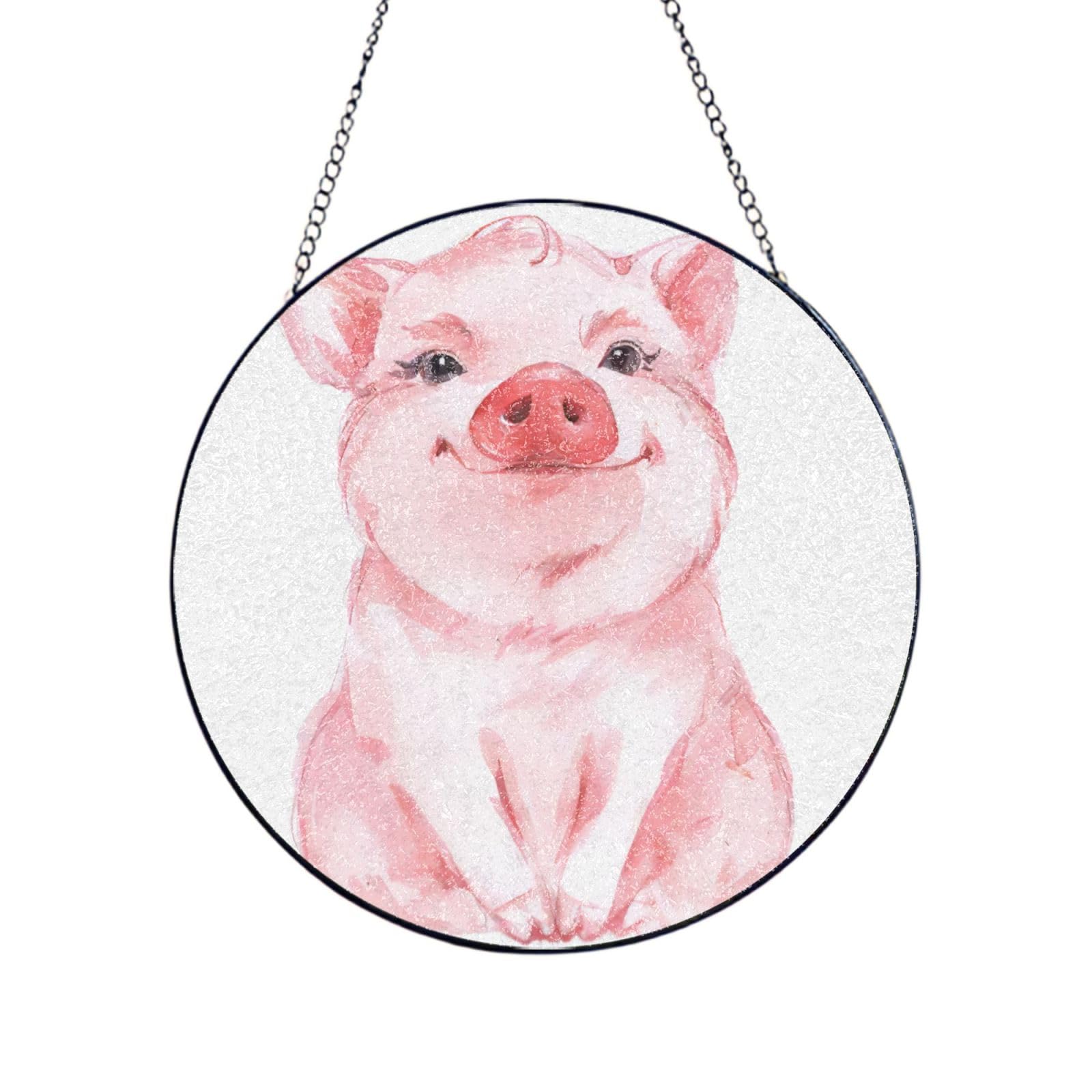 Phayah Lovely Pink Pig Print Glass Window Hanging Round Suncatcher Glass Ornament Garden Wall Fence Decorations Indoor Outdoor 12in（30cm）