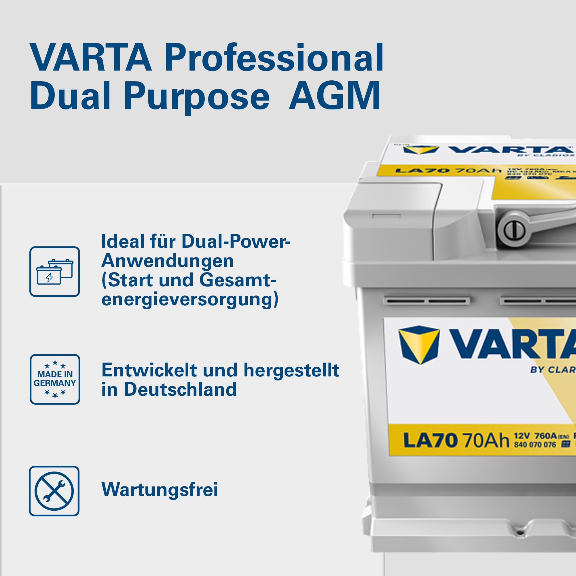 VARTA Professional Dual Purpose AGM (LA70) 12V 70Ah 760A - Nassbatterie für Wohnmobile, Wohnwagen & Boote - Resistente Starter- & Versorgerbatterie hoher Energiebedarf - Bleisäurebatterie wartungsfrei