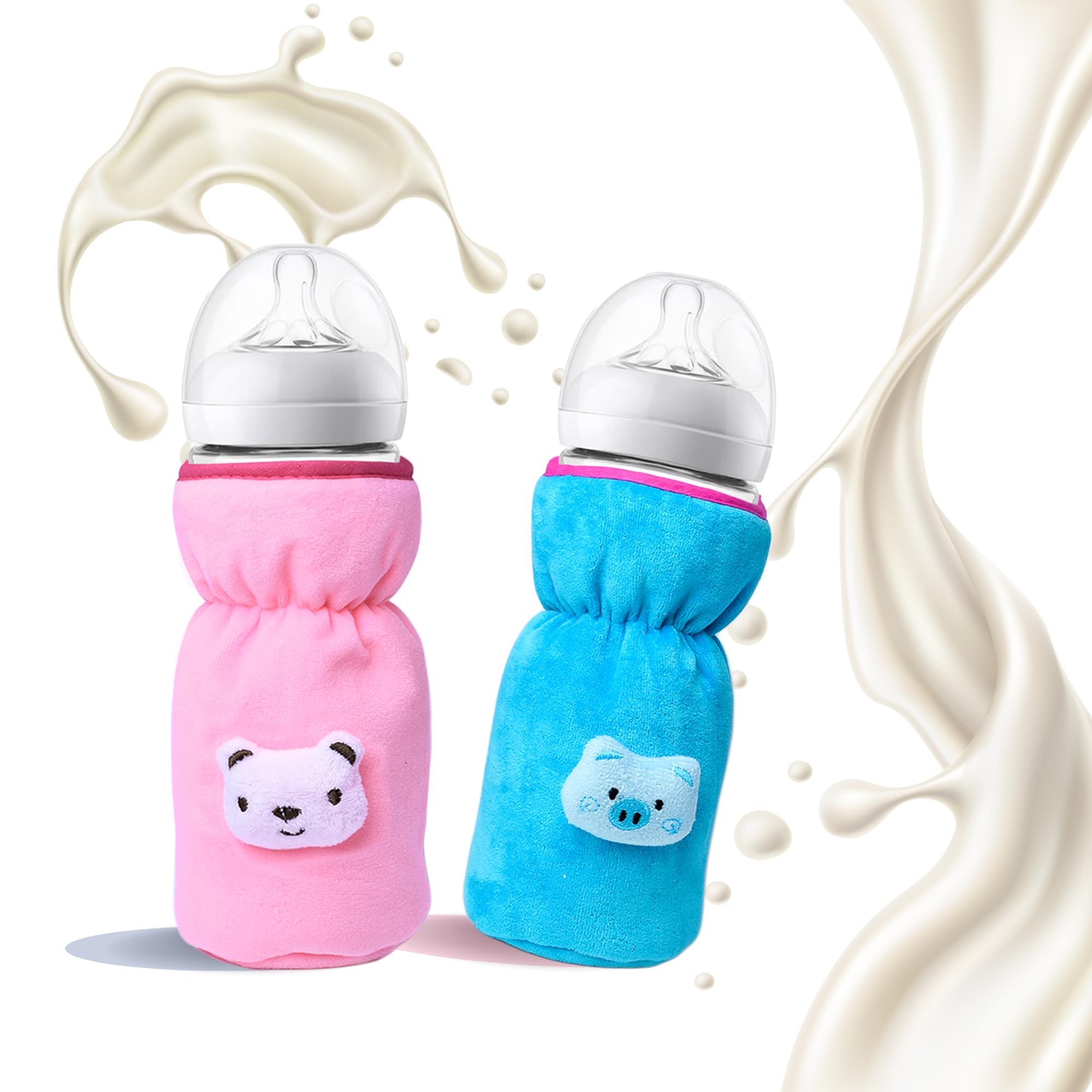 THE LITTLE LOOKERS Bottle Cover for Philips Avent/Wide Neck Feeders Soft Plush Stretchable Baby Feeding Bottle Cover with Easy to Hold Strap (Light Pink & Blue, Wide Neck 240-330ml/8-11OZ)
