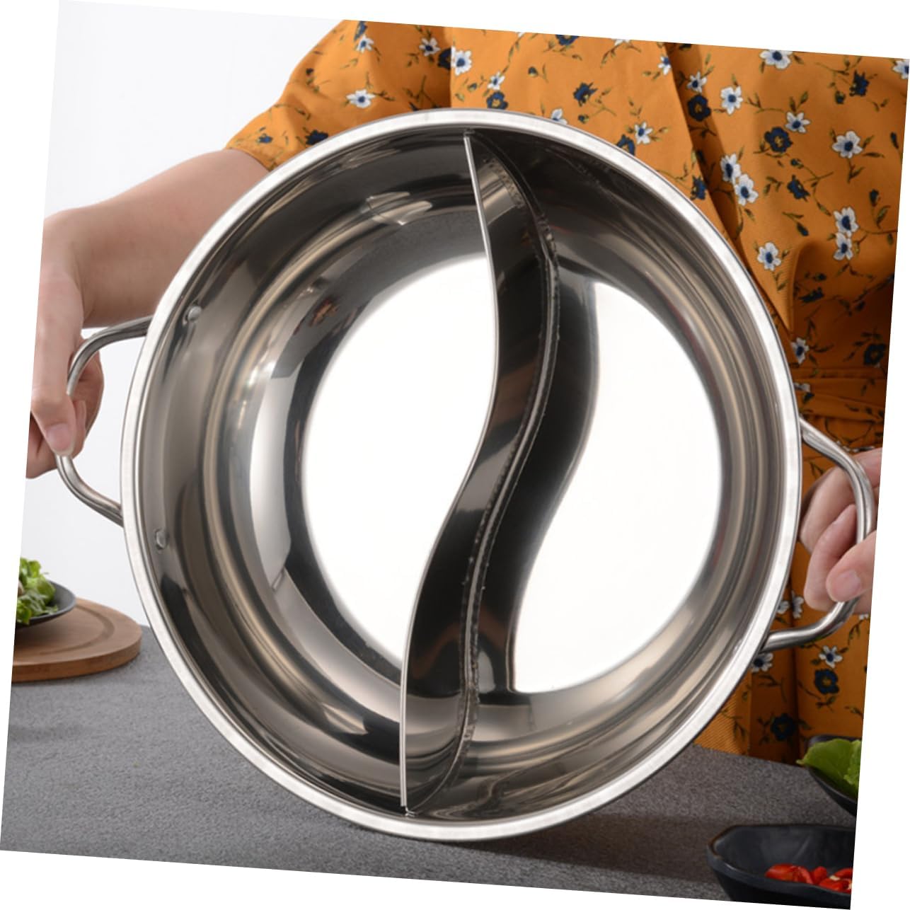 Shabu Hot Pot Stainless Steel Divider Pan Xmas No Lid Silver 34cm