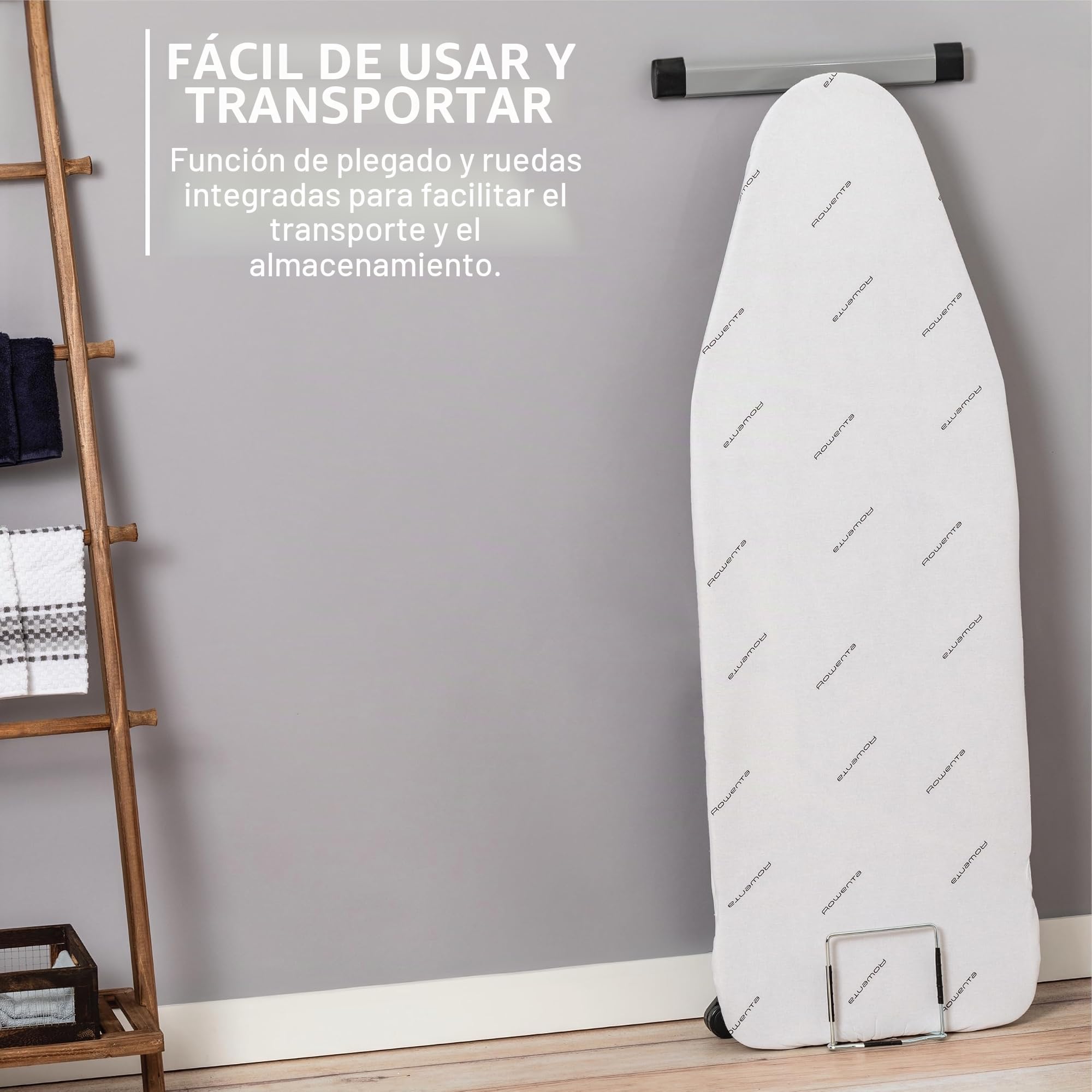 Rowenta IB9100 Pro - Tabla de Planchar Plegable Profesional compacta para Ahorrar Espacio, 4 Patas con estantes para Colgar y Funda de algodón, 18 54 Pulgadas, Beige, Metal, 18 x 54 Pulgadas