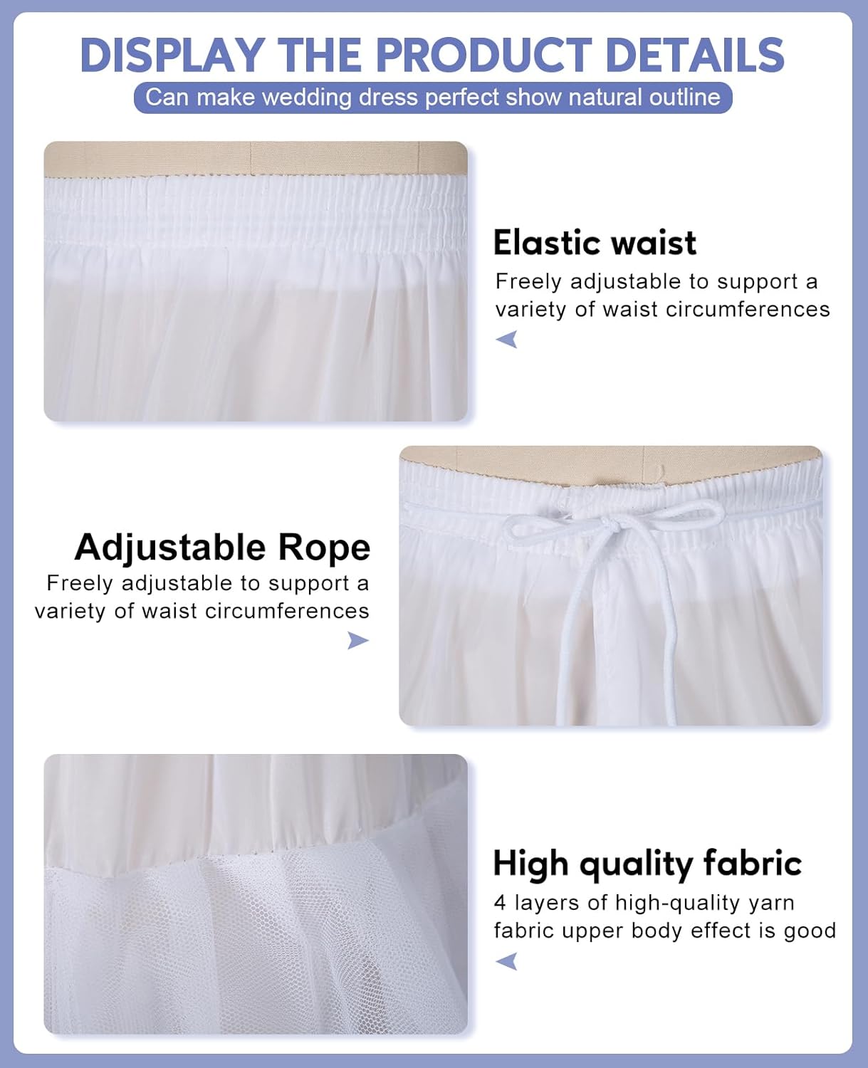 A-line Hoopless Petticoat Crinoline 4 layers Underskirt Slips for Wedding Dress Plus Size - Image 3