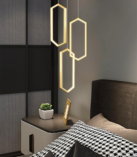 Miniatura 11 de Candelabro moderno de 6 anillos, luz LED dorada contemporánea para entrada de sala de estar, lámparas de techo alto regulables con control remoto