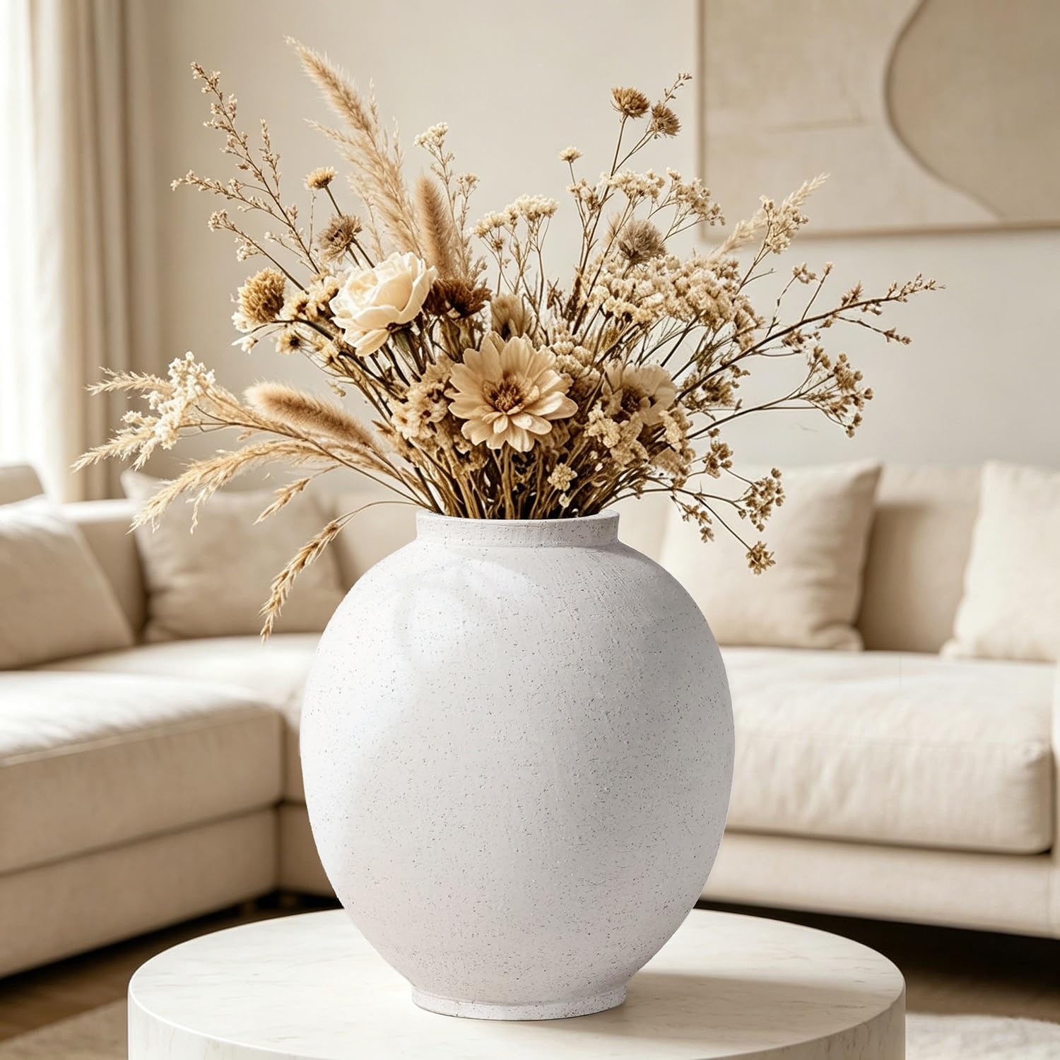Heifgott Grande vaso in ceramica bianca, 25 cm, rustico per la decorazione della casa, vasi alti minimalisti per soggiorno, tavolo, bagno, vacanze e matrimoni (bianco arenaria)