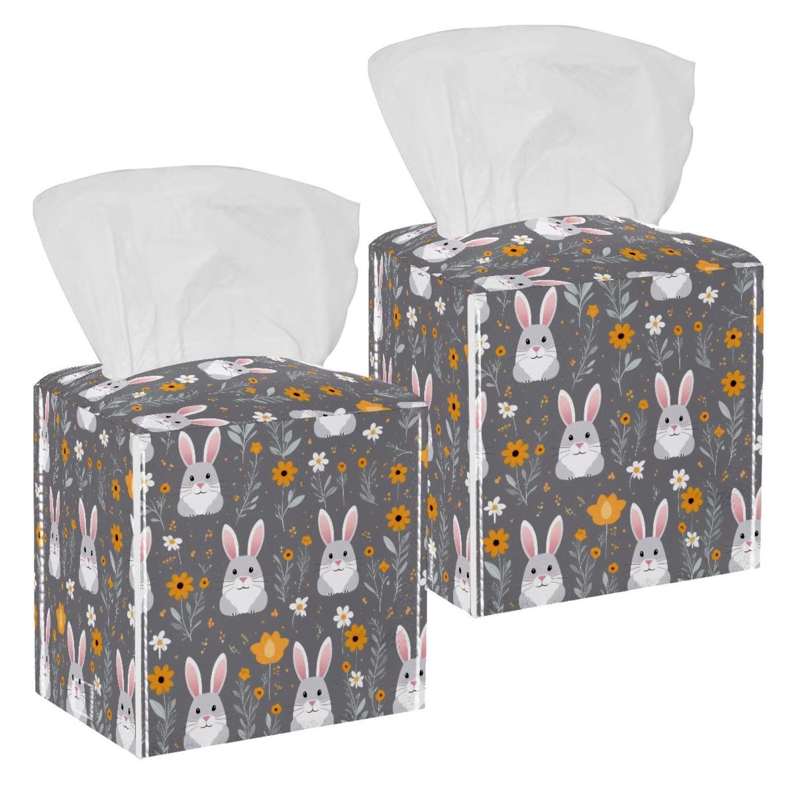 Rabbits Flowers Tissue Box Cover, 2 Pack PU Leather Square Facial Tissue Dispenser Box holder for Home Office Car