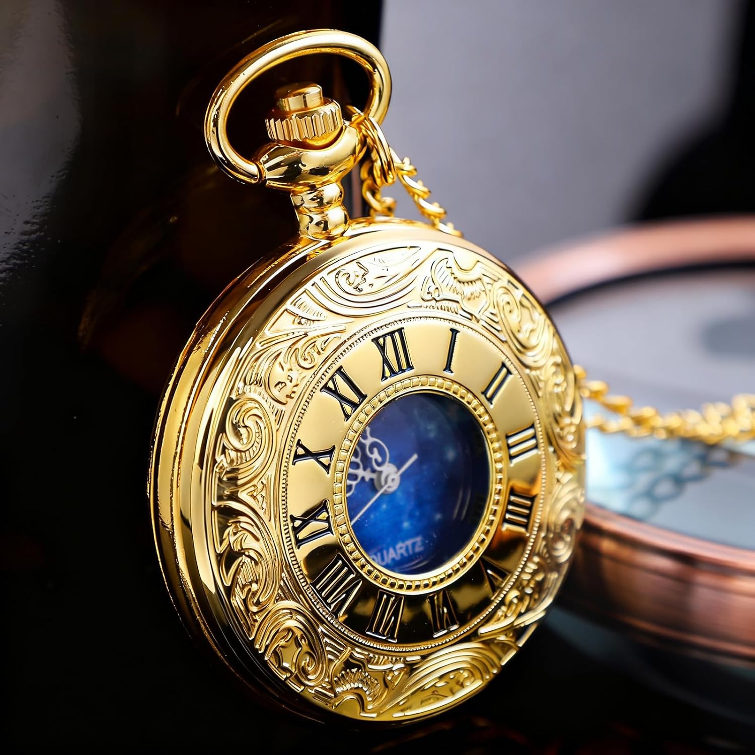 Vintage Pocket Watch with Starry Sky Dial Roman Numerals Quartz Movement Detachable Chain Christmas Graduation Birthday Father's Day Gifts