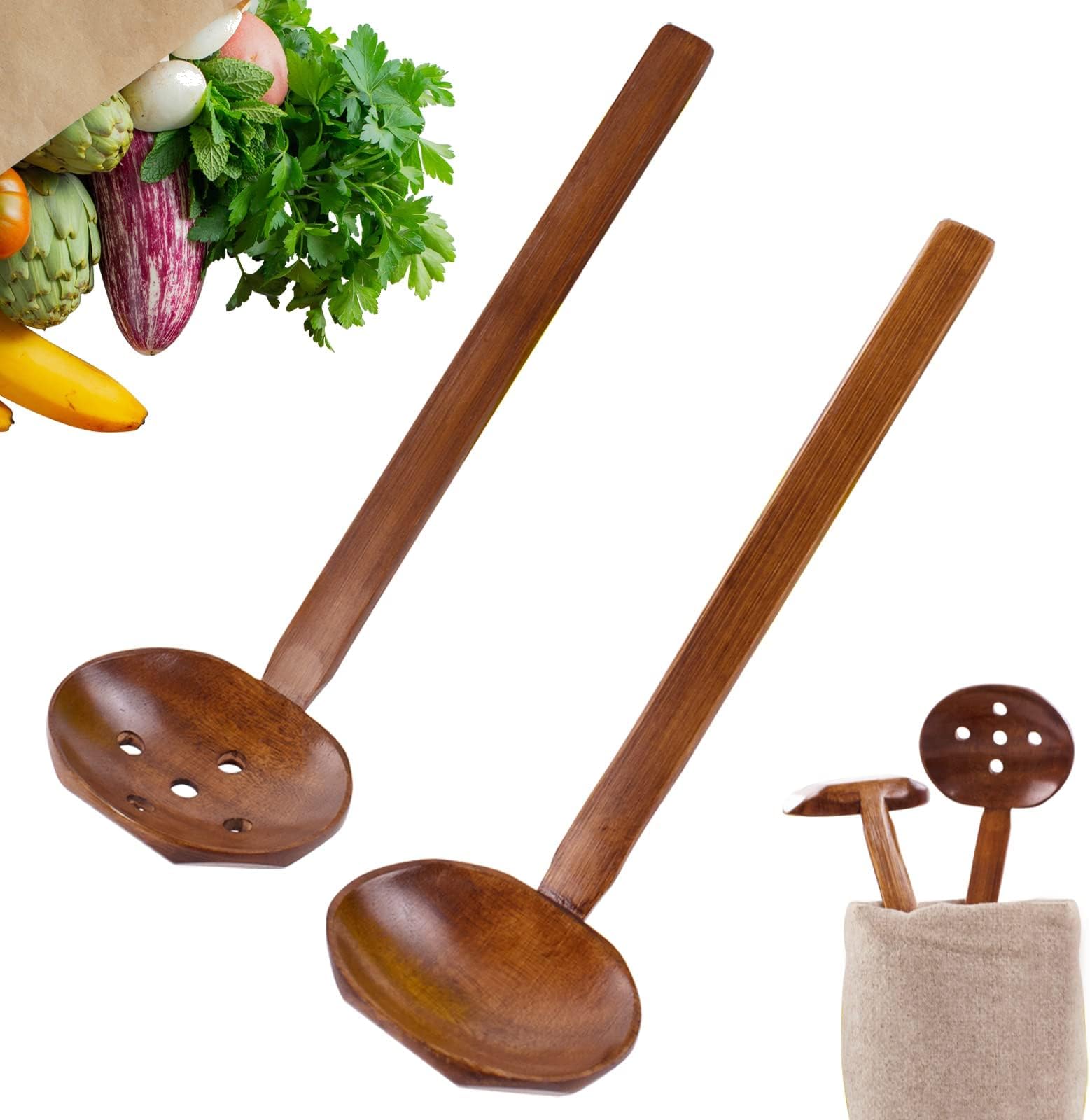 Wooden Spoon Set, 2Pcs Long Handle Soup Spoon Ramen Spoon, Slotted Spoons for Cooking, Natural Teak Kitchen Utensil