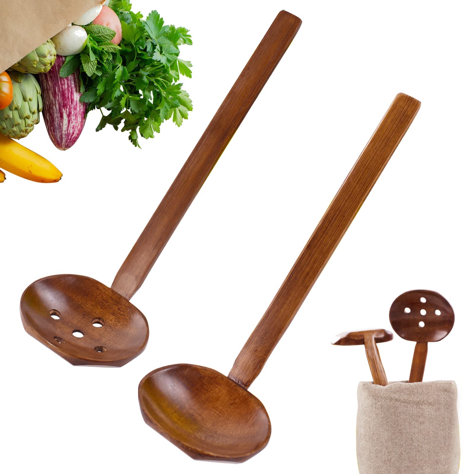 Wooden Spoon Set, 2Pcs Long Handle Soup Spoon Ramen Spoon, Slotted Spoons for Cooking, Natural Teak Kitchen Utensil