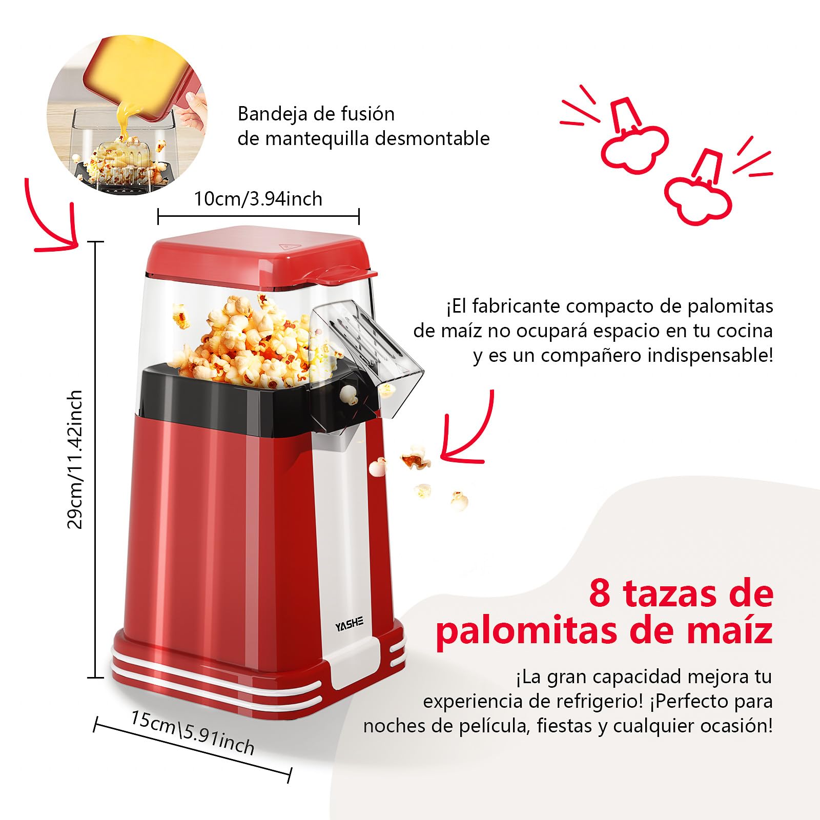 YASHE Máquina de Palomitas Retro, 1200 W Palomitero de Aire Caliente con Vaso Medidor, Un Toque, Sin Aceite, Perfecto para Cine en Casa, Noches de Película, Fiestas