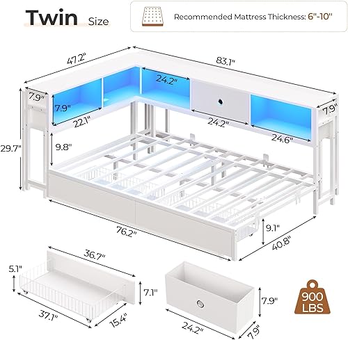 Miniatura 2 de Marco de cama de esquina individual Hasuit con cajones de almacenamiento y cabecero tipo estantería, marco de cama de plataforma de metal tamaño