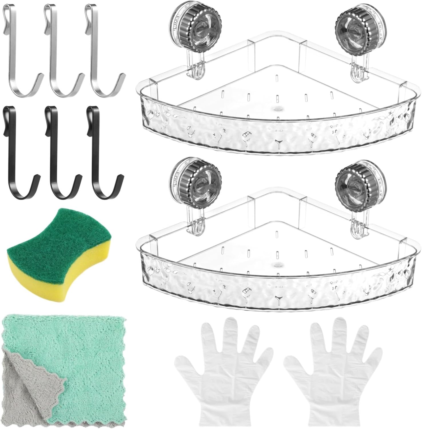 Suction Cup Storage Holders, 2 Pcs No Drilling Transparent Adjustable Racks, for Bathrooms and Kitchens, with Hooks, Sponges, and Cloths Included