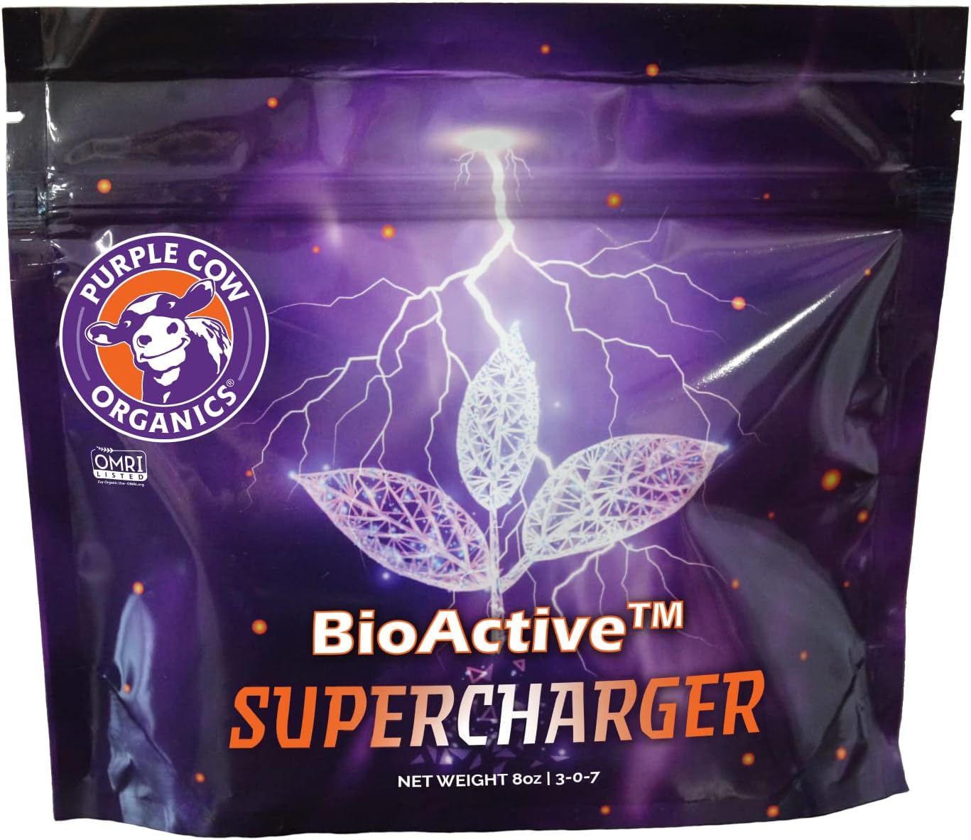 Purple Cow Organics BioActive Supercharger, 8 OZ Pouch, Organic, for All Plants, Easy-to-Use Soluble 3-0-7 Fertilizer with Humic Acid and Calcium