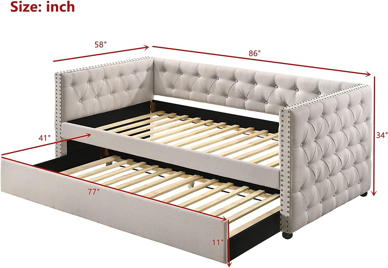 Harper & Bright Designs Full Size Upholstered Daybed with Twin Size Trundle, Solid Wood Daybed Frame, Sofa Bed Trundle Daybed, No Box Spring Needed - Beige Fabric