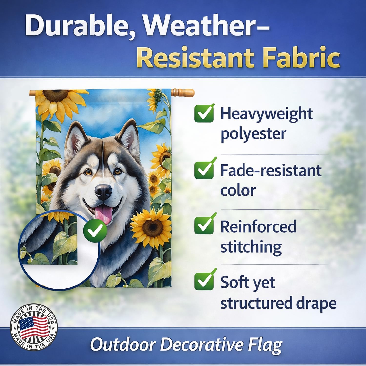 Caroline's Treasures DAC6005CHF Alaskan Malamute in Sunflowers House Flag Large Porch Sleeve Pole Decorative Outside Yard Banner Artwork Wall Hanging, Polyester, House Size, Multicolor