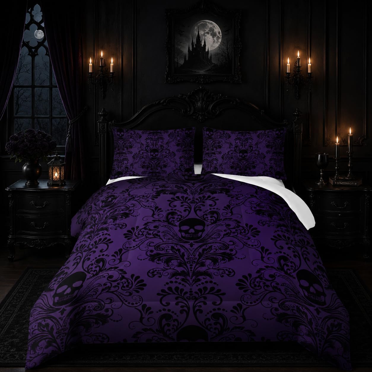Nttopship Adults Violet Gothic Comforter Set Queen Size,Vintage Damask Floral Bedding Set 3Pcs,Bohemia Bedding Set Goth Skull Printed Quilted Set for Teens Adult with 1 Comforter with 2 Pillowcase