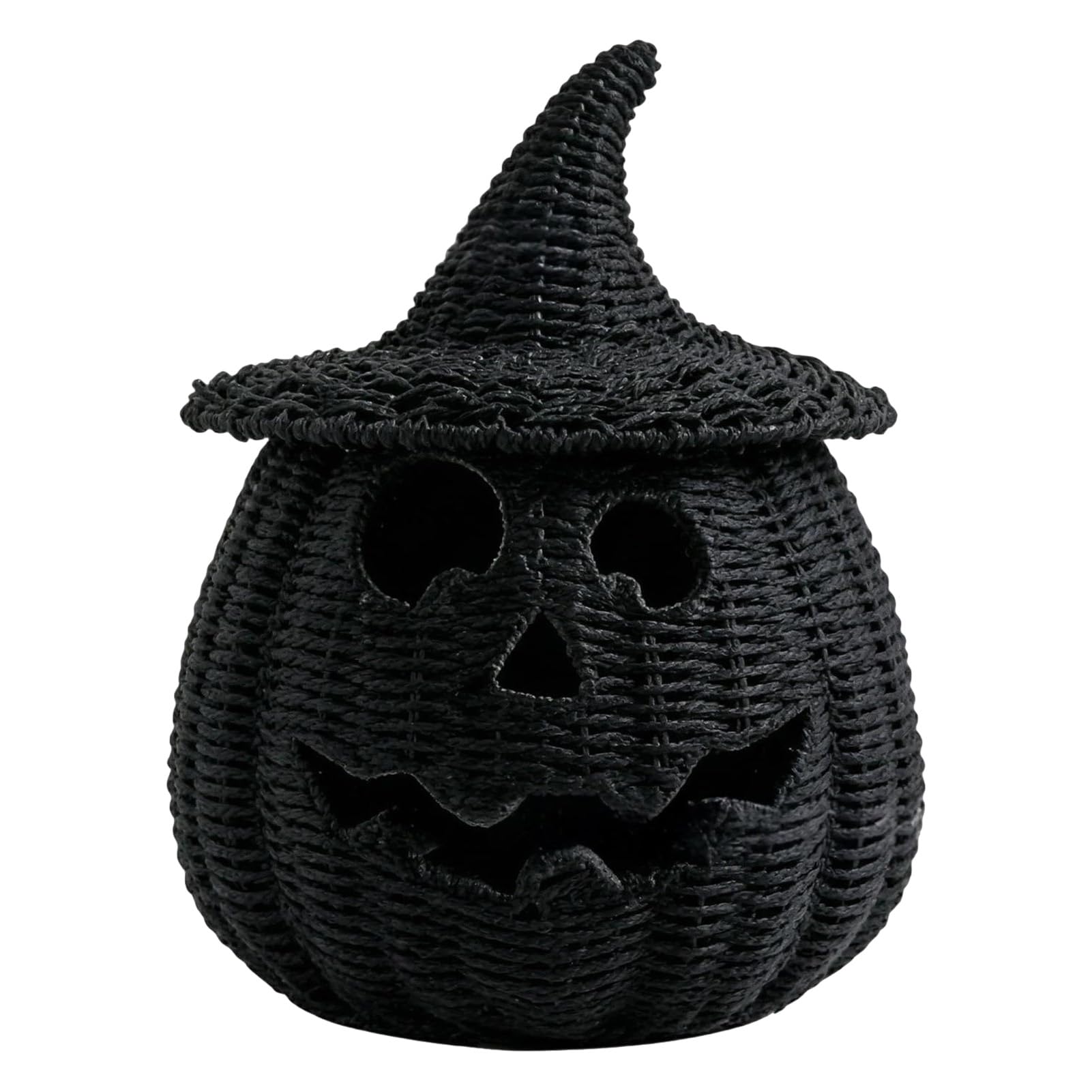 pidodou Faux Rattan Halloween Pumpkin Figurine Black Resin Statue with Witch Hat Rustic Wicker Tabletop Ornament for Party Home Decor 22cm [object Object]
