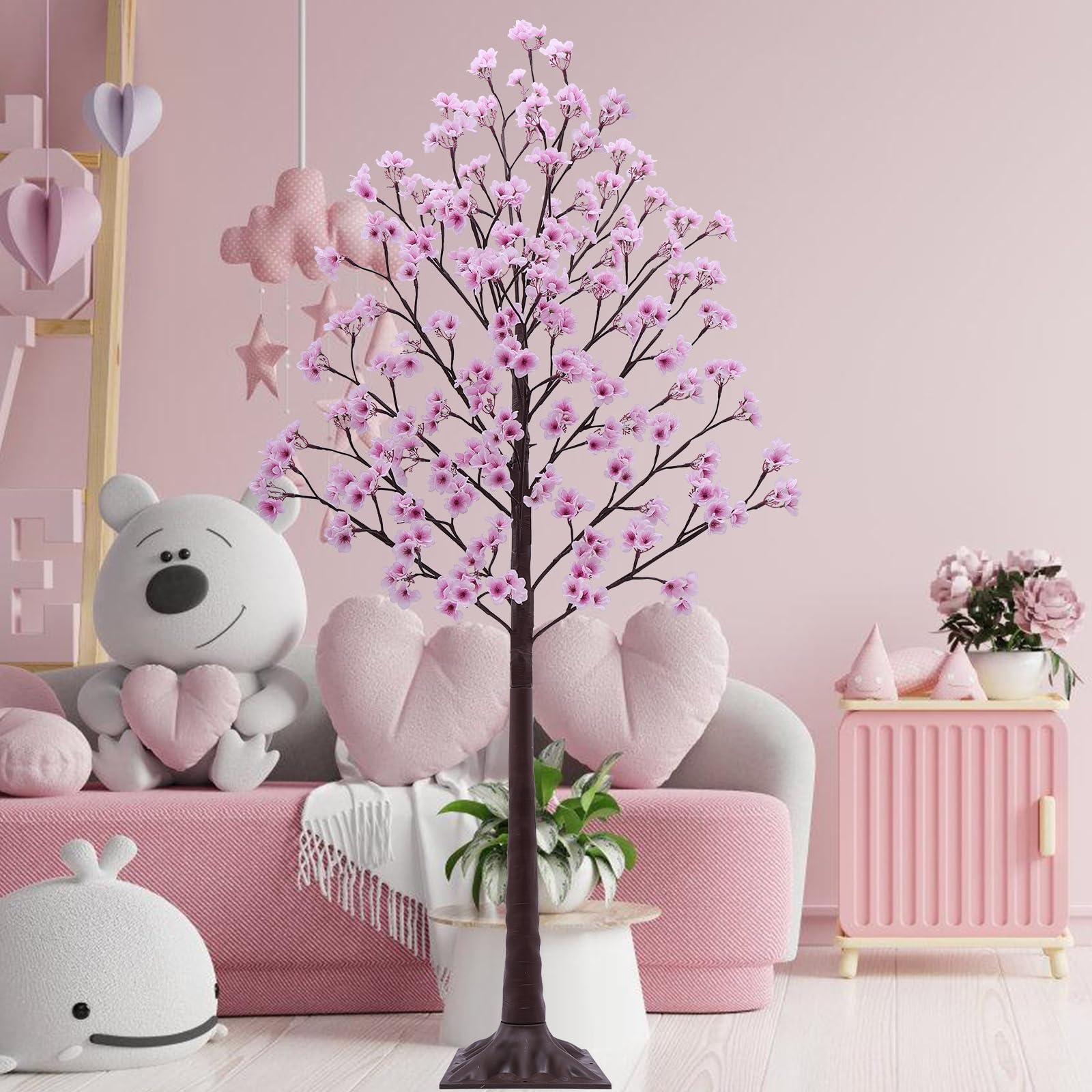 Albero Di Ciliegio Illuminato 144 Luci – 432 Fiori Rosa, Telecomando Con 8 Modalità, Timer, Per Interni/Esterni