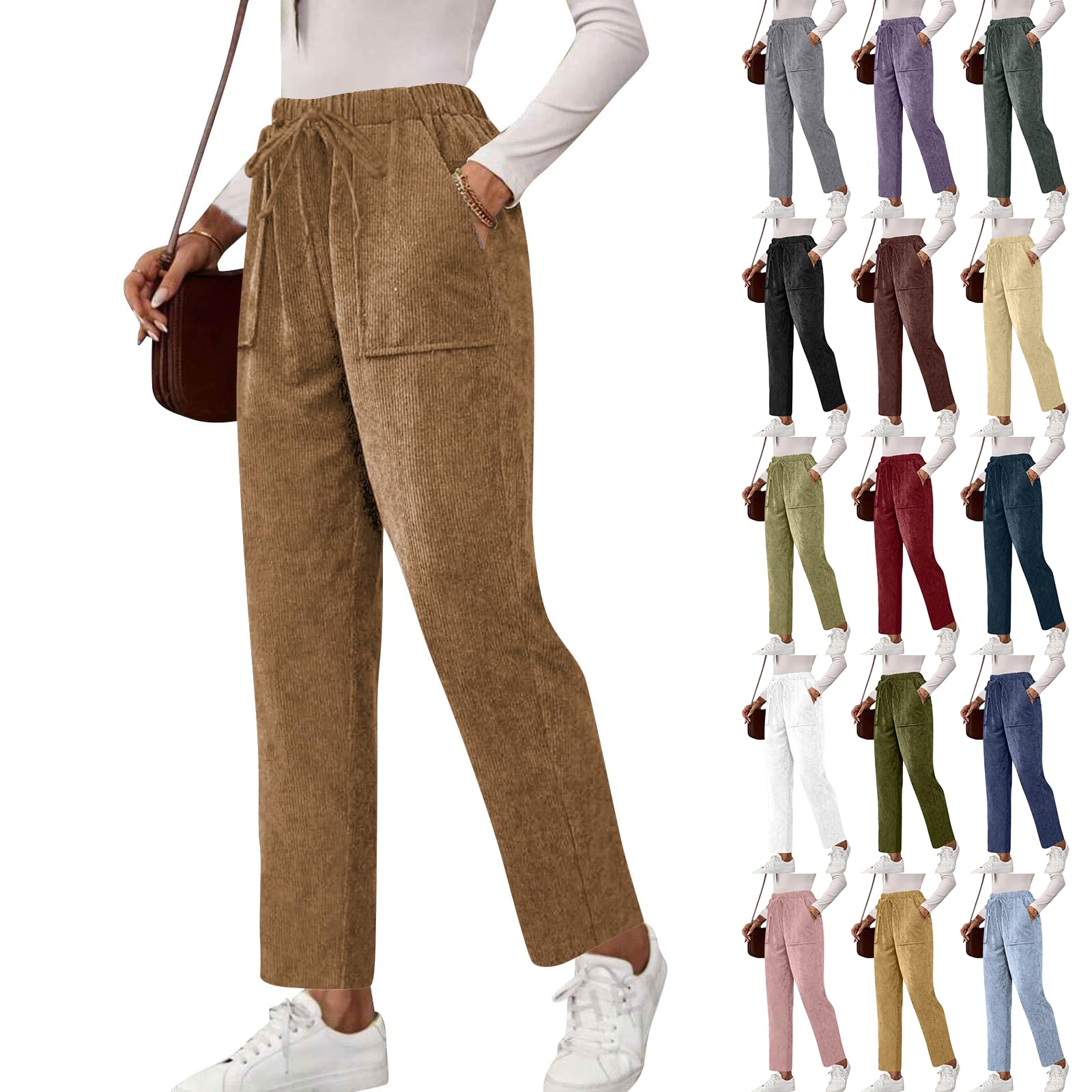 Gumipy Straight Leg Corduroy Pants Women Comfy Drawstring Elastic Waist Pants with Pockets Work Trousers Pant Casual Joggers