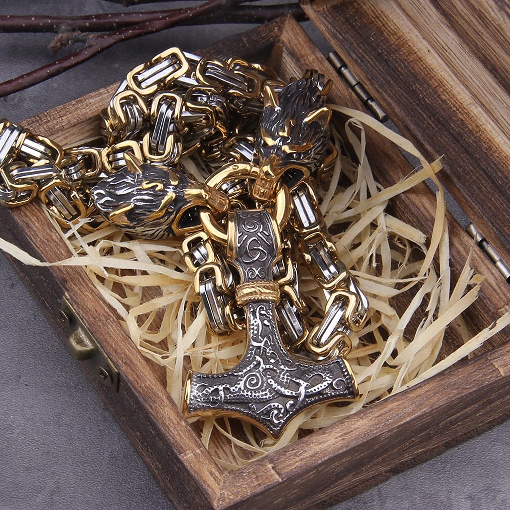 YABEME Thors Hammer Mjölnir Halskette, Nordic Viking Celtic Pagan Amulett Anhänger Schmuck, Herren Edelstahl King Chain Fenrir Wolf Head Link