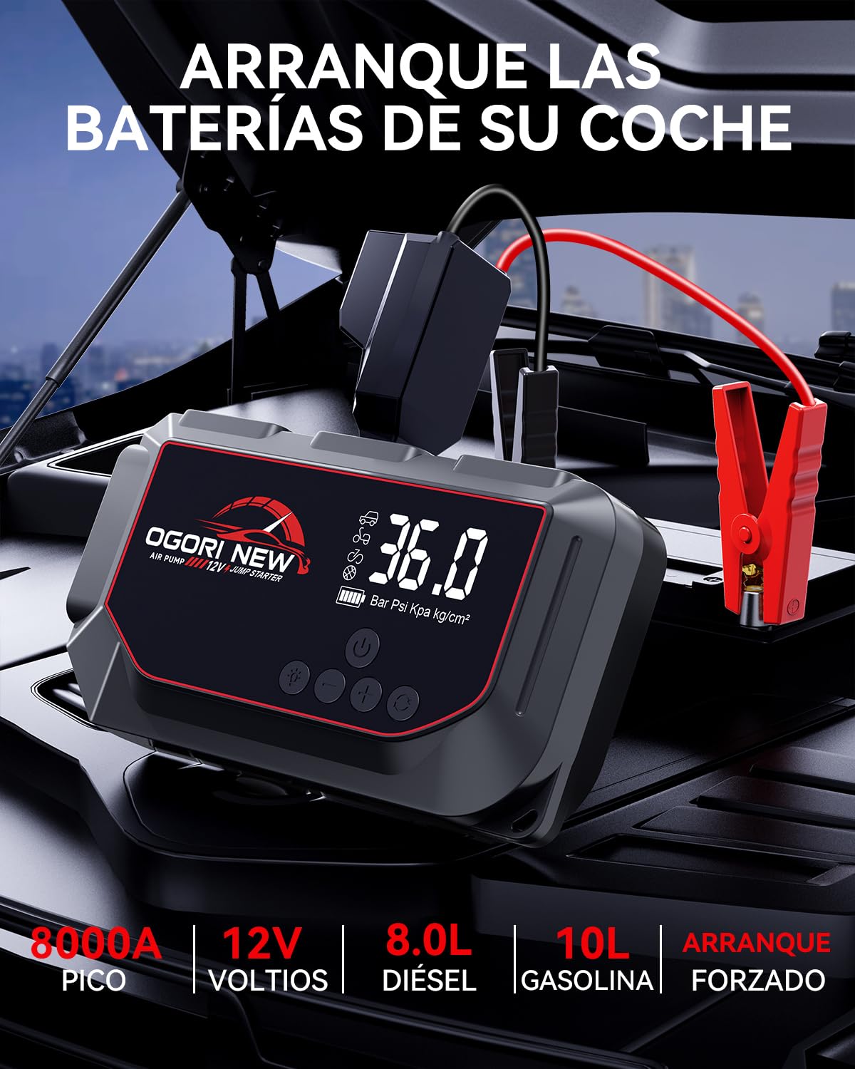 Arrancador de Baterias de Coche 8000A,Arrancador de Coches con Compresor de Aire 150PSI, 12V Arrancador Coche para Vehículo (10L Gasolina/8L Diésel),Jump Starter con Pantalla LCD,Linterna LED