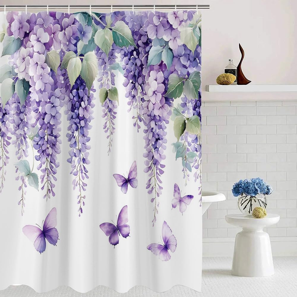 Wisteria Purple Floral Shower Curtain Watercolor Flowers Butterfly Lilac Spring Rustic Farmhouse Fabric Bathroom Curtain with Hooks, 84Wx70H