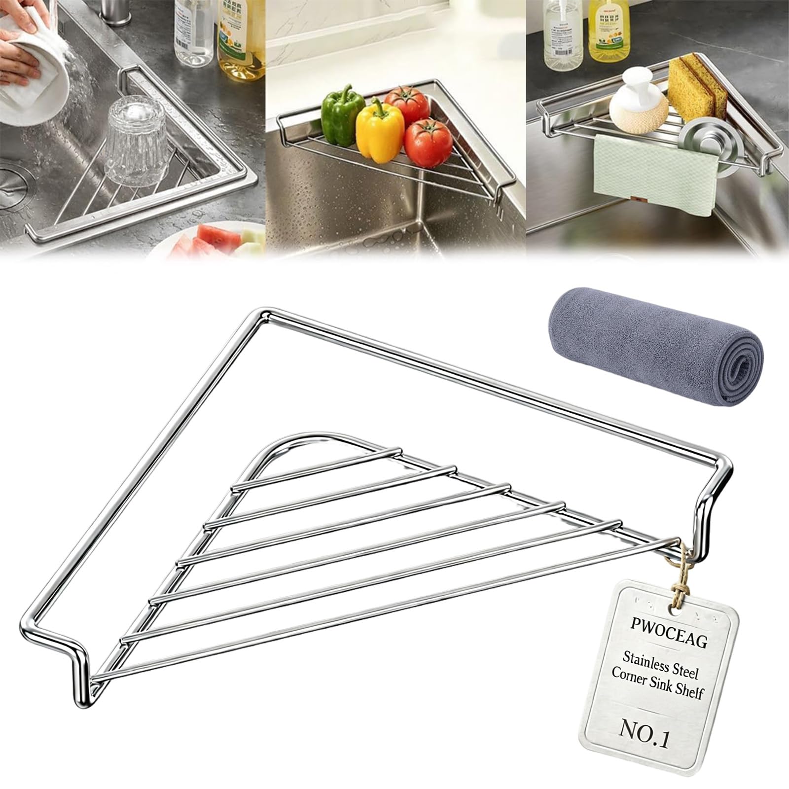 Stainless Steel Corner Sink Shelf, Triangular Sink Caddy Sponge Holder