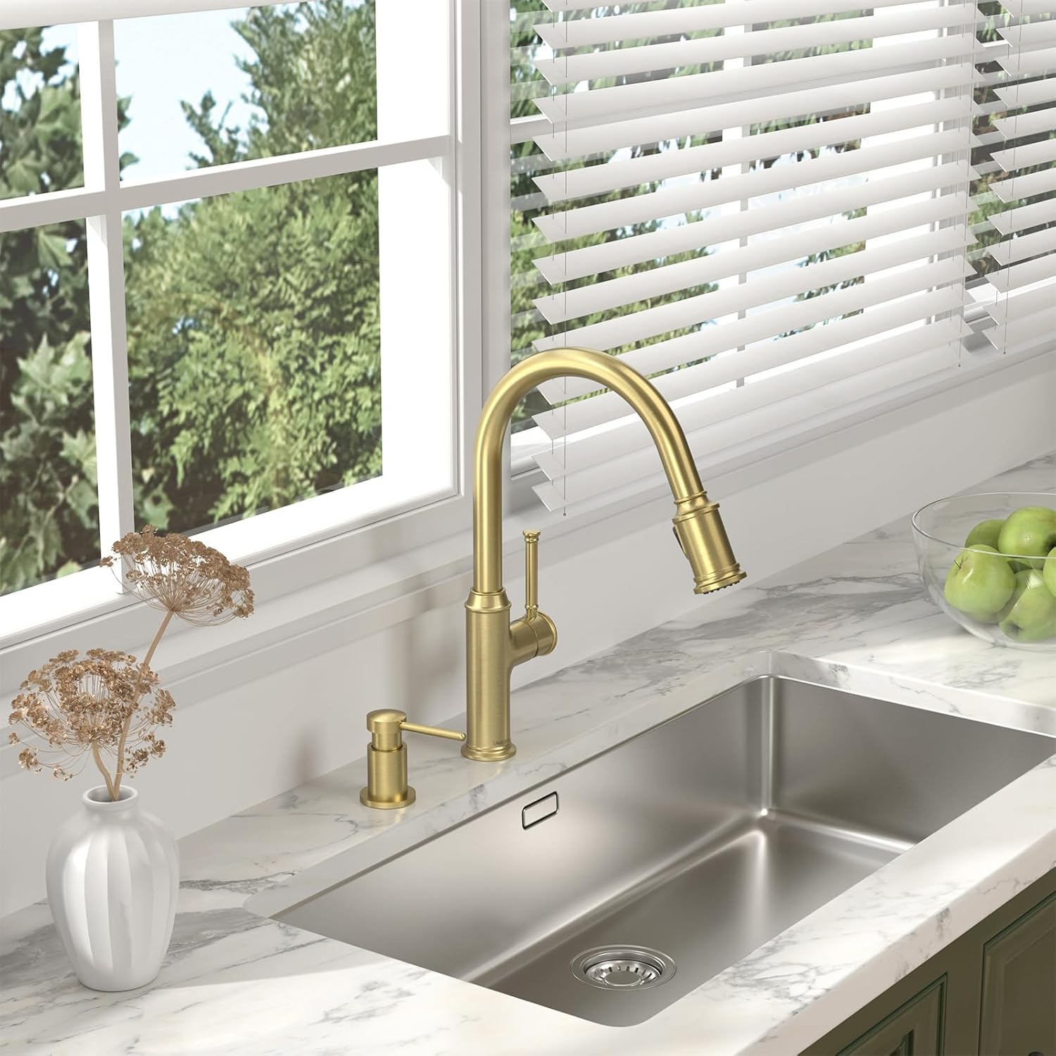 Lava Odoro Curtura Brushed Gold Kitchen Faucet with Pull Down Sprayer, Brass Kitchen Sink Faucet, Single Hole Kitchen Faucet with 3-Function Sprayer, Deck Plate Included, Spot-Free, 1.8GPM, KF421-SG