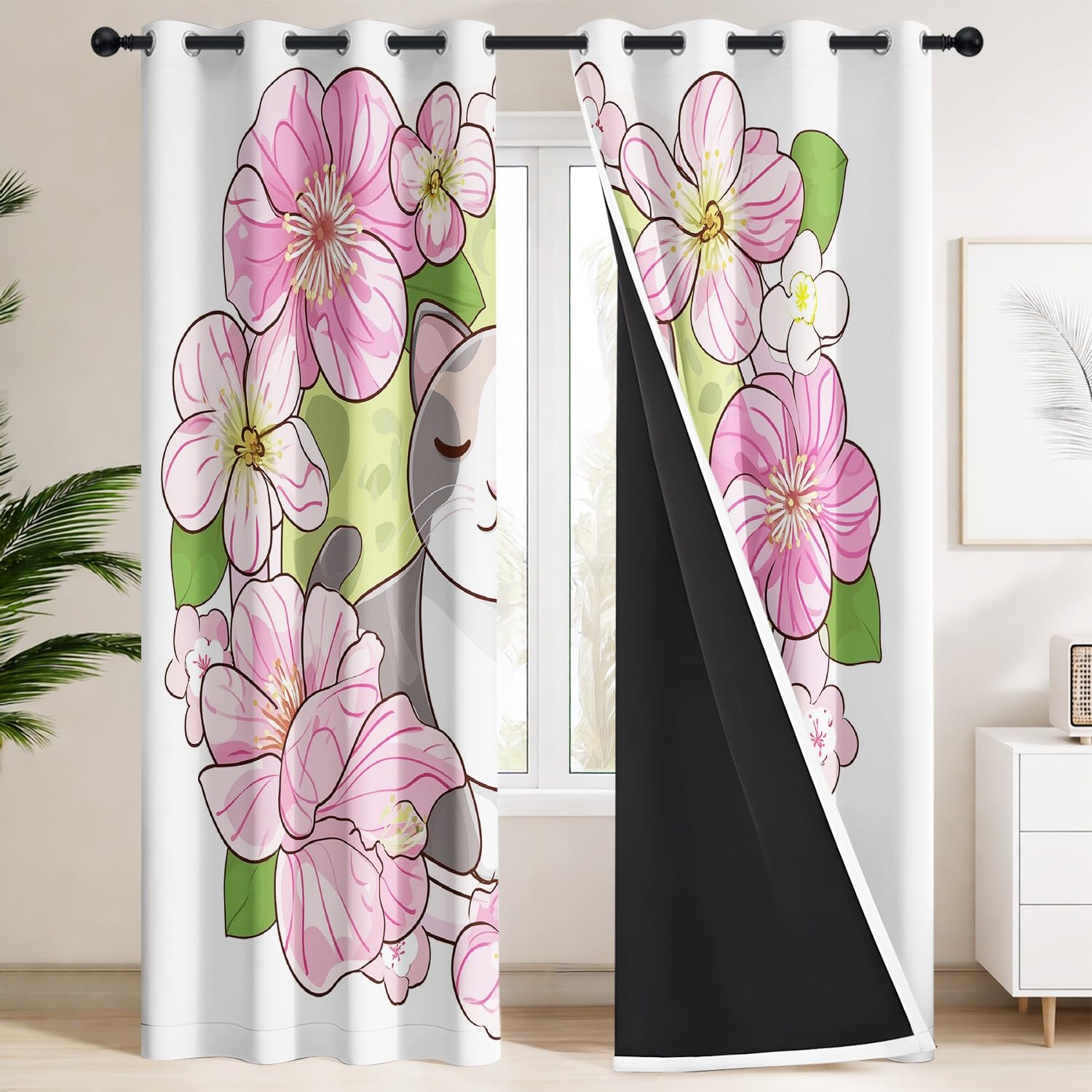 Zasłony zaciemniające do wnętrz (zestaw 2 sztuk) - różowy i zielony kwiat kot z pierścieniami | Zasłony zaciemniające 150 x 200 cm jasny styl, niewinny, wesoły, zabawny do pokoju dziecięcego