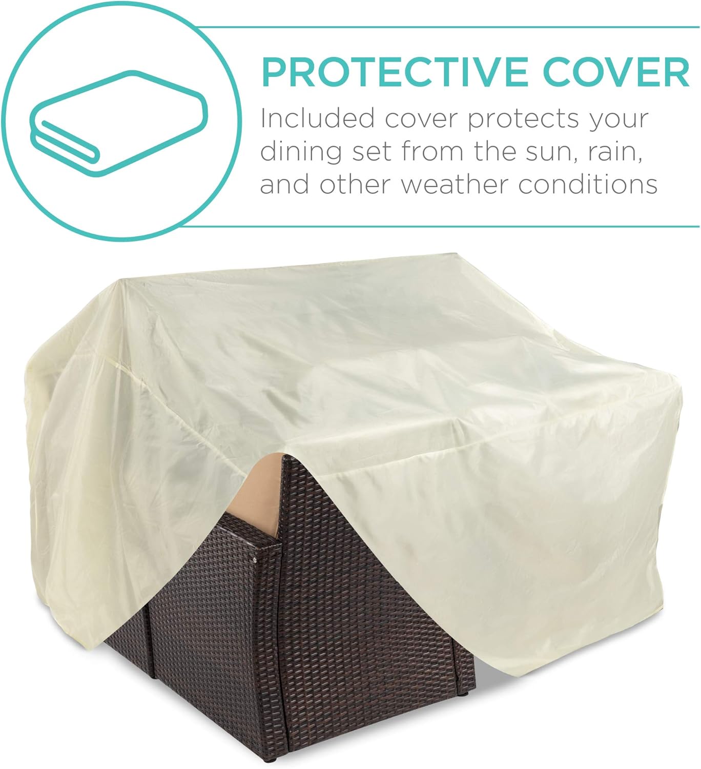 Image of the patio furniture set covered with a light-colored protective cover.