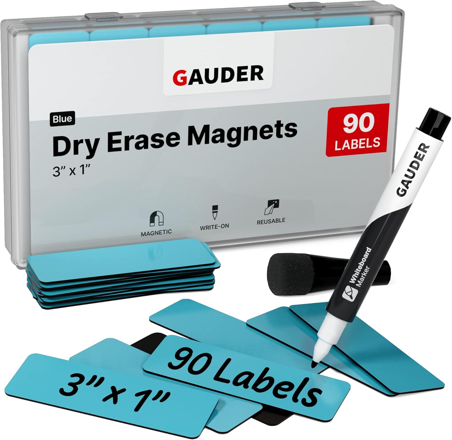GAUDER Magnetic Dry Erase Labels | 90x Magnetic Labels (3 Inches x 1 Inch)  | Dry Erase Magnets for Classroom, Whiteboard and Blackboard