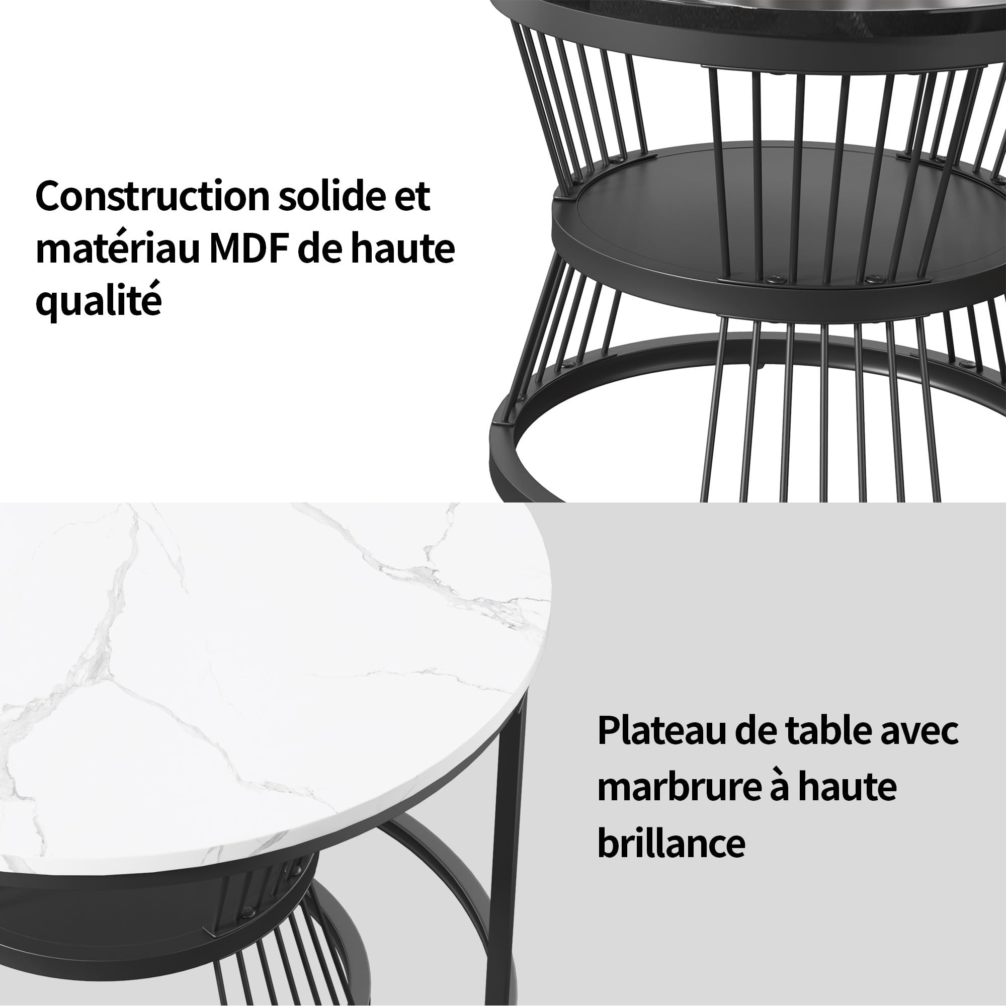 2 en 1 Table Basse Effet de Marbre Ronde Gigognes Design Moderne avec Rangement Cadre en Métal Blanc Ronde Table D'appoint pour Salon Chambre Bureau Balcon (Noir + Blanc)