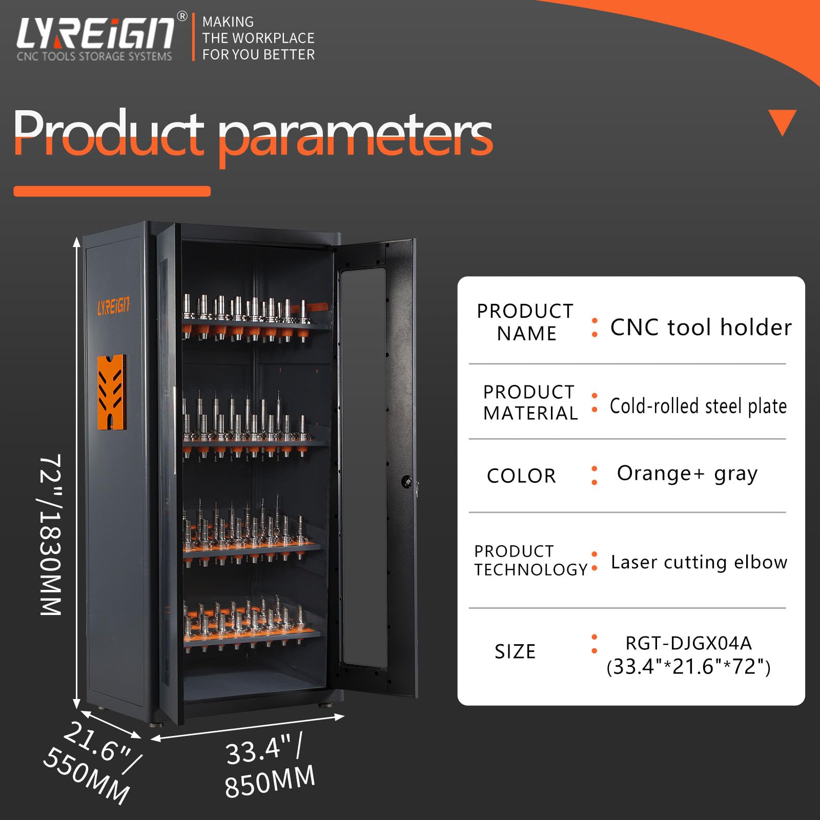 LYREIGN Large Capacity CNC Tool Storage Cabinet, CNC Tool Holder Station Rack with Lock, Multi-Purpose CNC Tool Holder Station Suitable for CNC Machinists and Workers, BT/CAT30-168CAP, Gray+orange