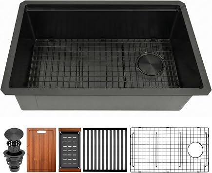 Black Undermount Kitchen Sink 28 inch,16 Gauge Stainless Steel Sinks,Single Bowl Workstation Sink,Modern Kitchen Sink Offset Drain 28" X 18"