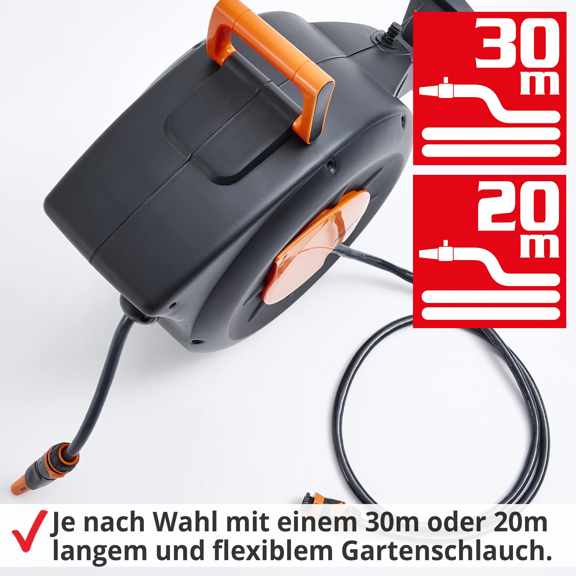 HECHT Automatik Wand-Schlauchtrommel 20+2 m – mit Metall-Gartenbrause | Inkl. Gartenschlauch, Wandhalterung, Schnellkupplung, Gartenspritze & Metall-Gartenbrause – für Gartenbewässerung