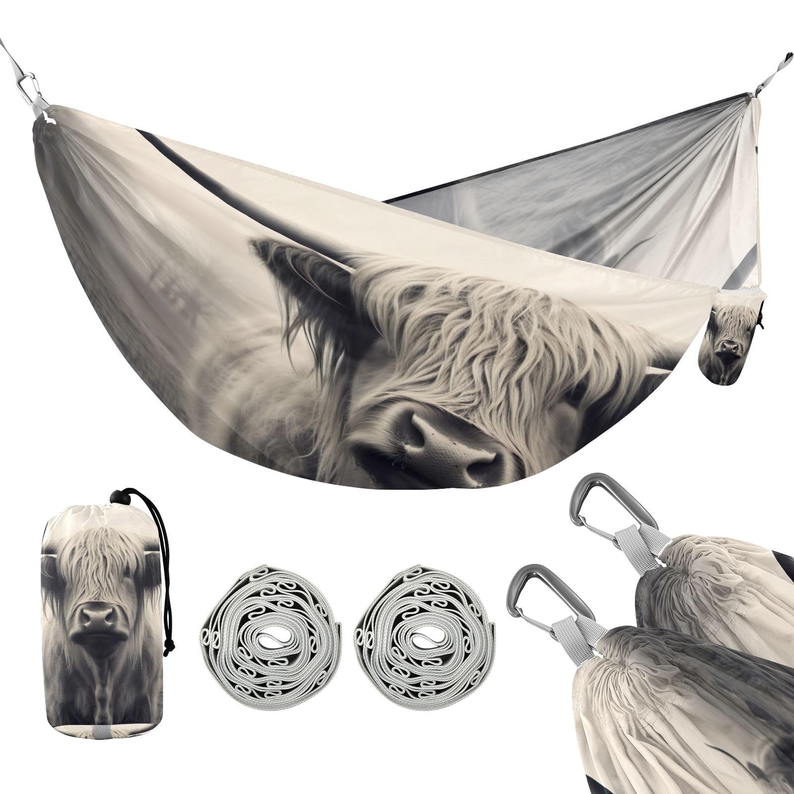SDMKA Highland Cattle Camping Hammock, 330 lbs with 2 Tree Straps, Carry Bag, Single Portable Hammock for Outdoor/Indoor, Hiking, Beach, Backpacking, Travel