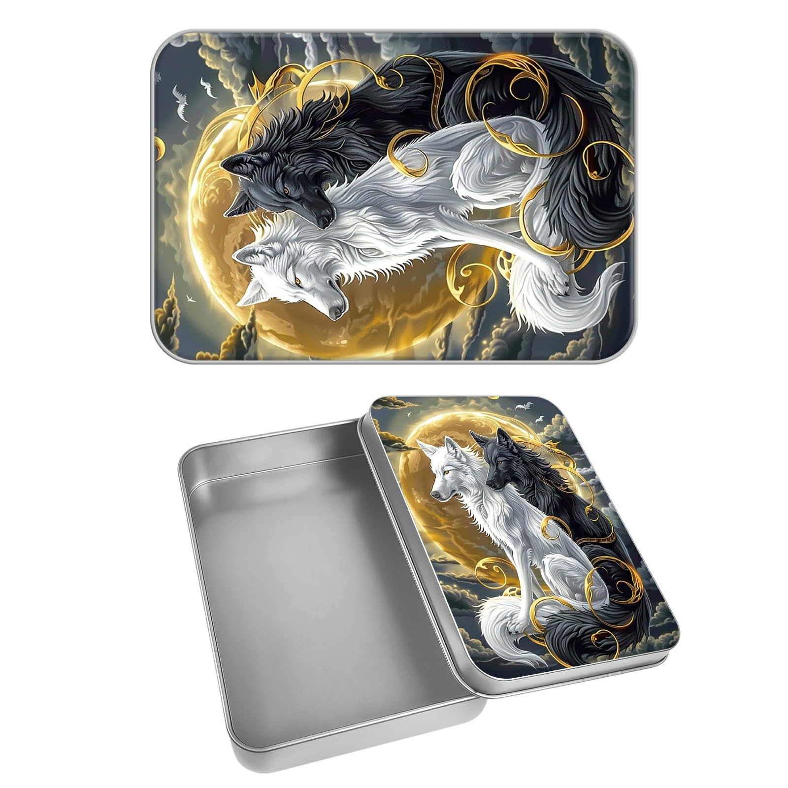 Rectangular Metal Tin Box with Removable Lid, Night Wolf Decorative Printed Metal Storage Container for Cash Ticket Credit Card Check 3.46 x 2.36 x 0.7 inch– Single Pack