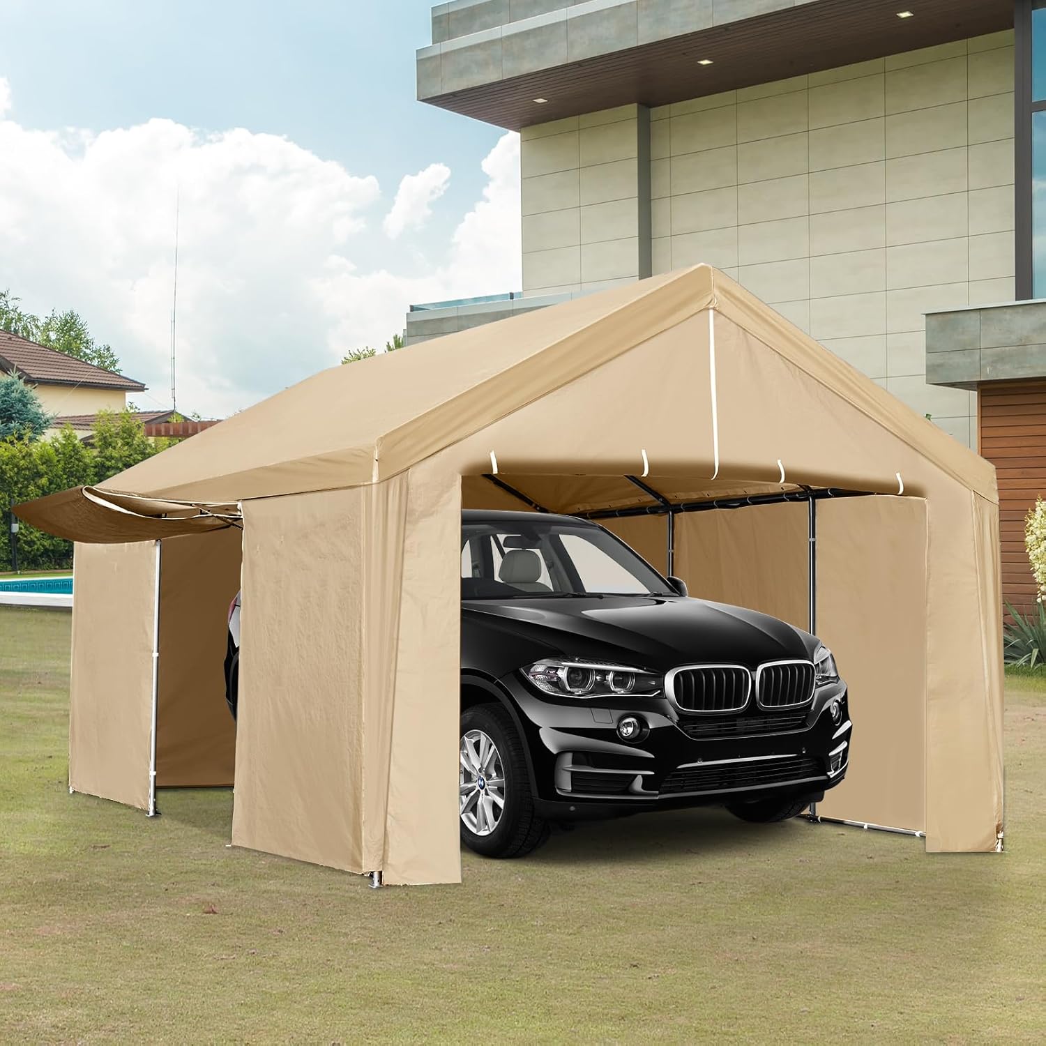 Carport 10'x20' Heavy Duty Canopy Steel Canopy Storage Shed, Portable Garage Party Tent, Portable Garage with Removable Sidewalls & Doors All-Season Tarp for Car Yellow